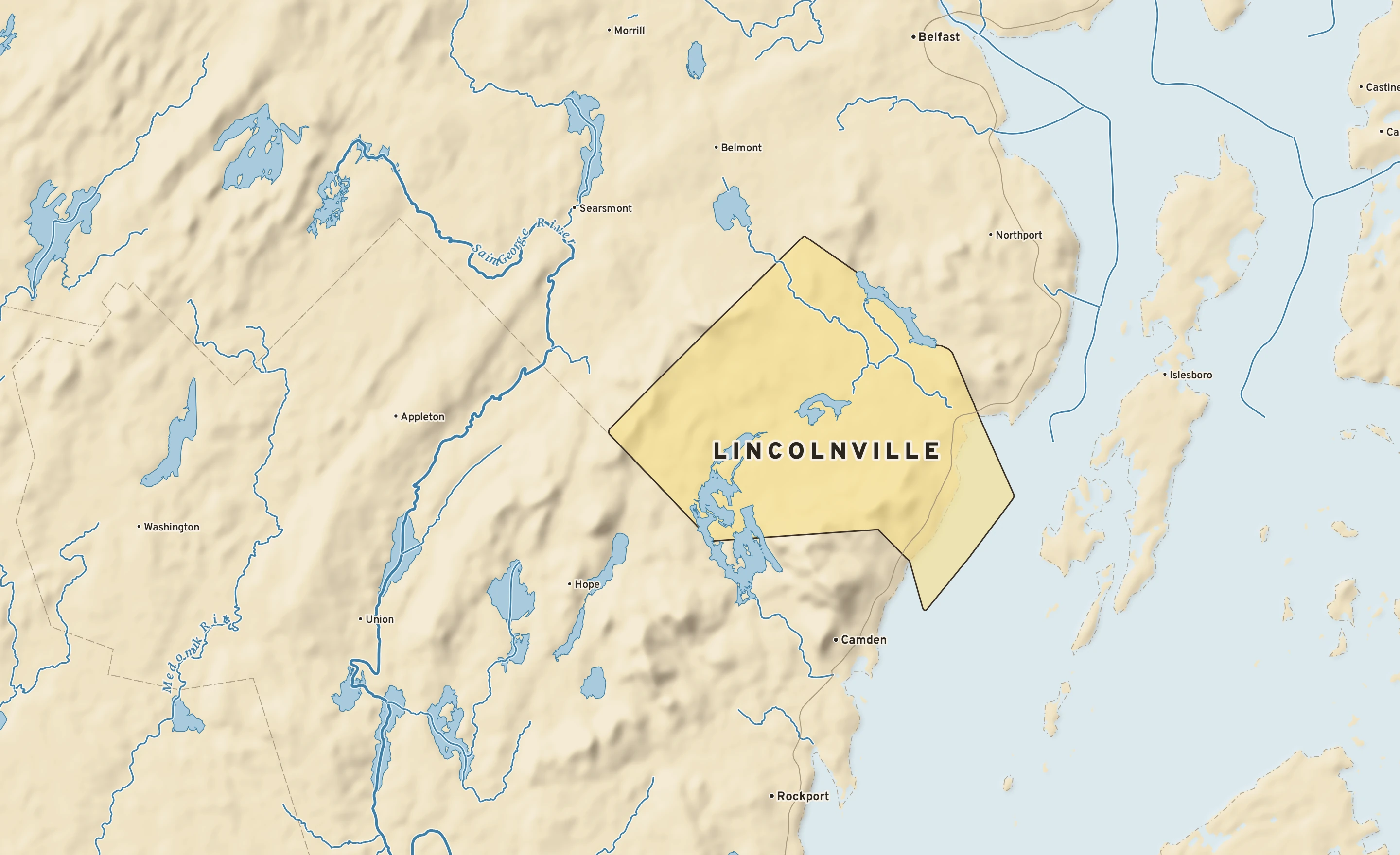 Shaded-relief atlas plate of Lincolnville, Maine: rivers, roads, the city limits and where the water drains.