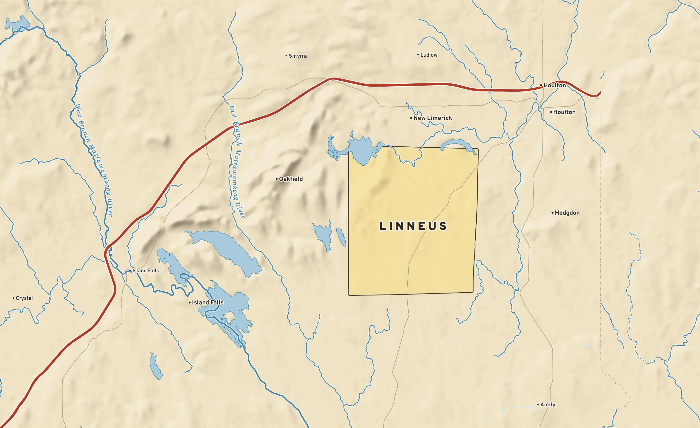 Shaded-relief atlas plate of Linneus, Maine: rivers, roads, the city limits and where the water drains.