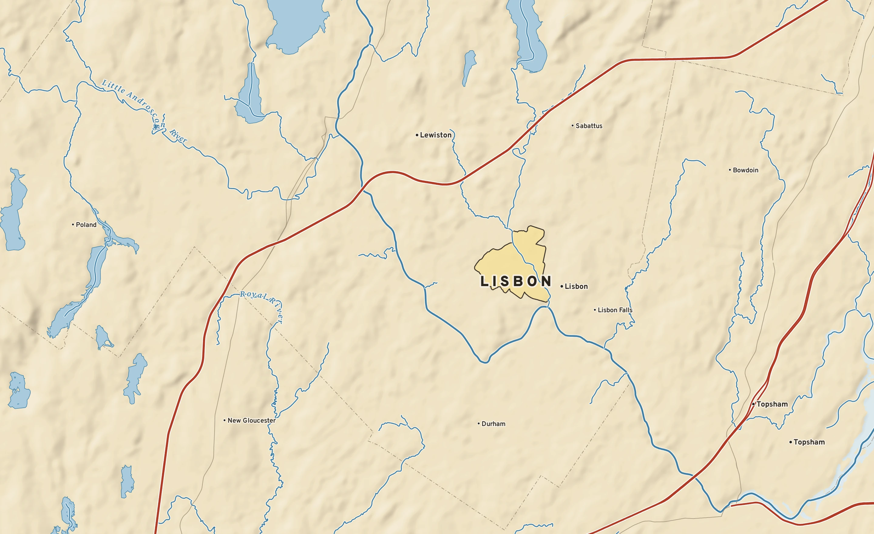 Shaded-relief atlas plate of Lisbon, Maine: rivers, roads, the city limits and where the water drains.