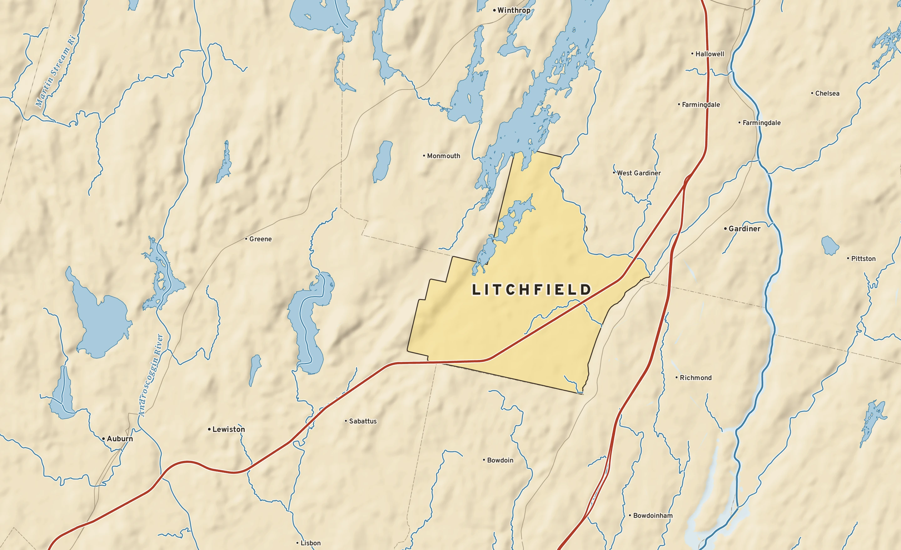 Shaded-relief atlas plate of Litchfield, Maine: rivers, roads, the city limits and where the water drains.