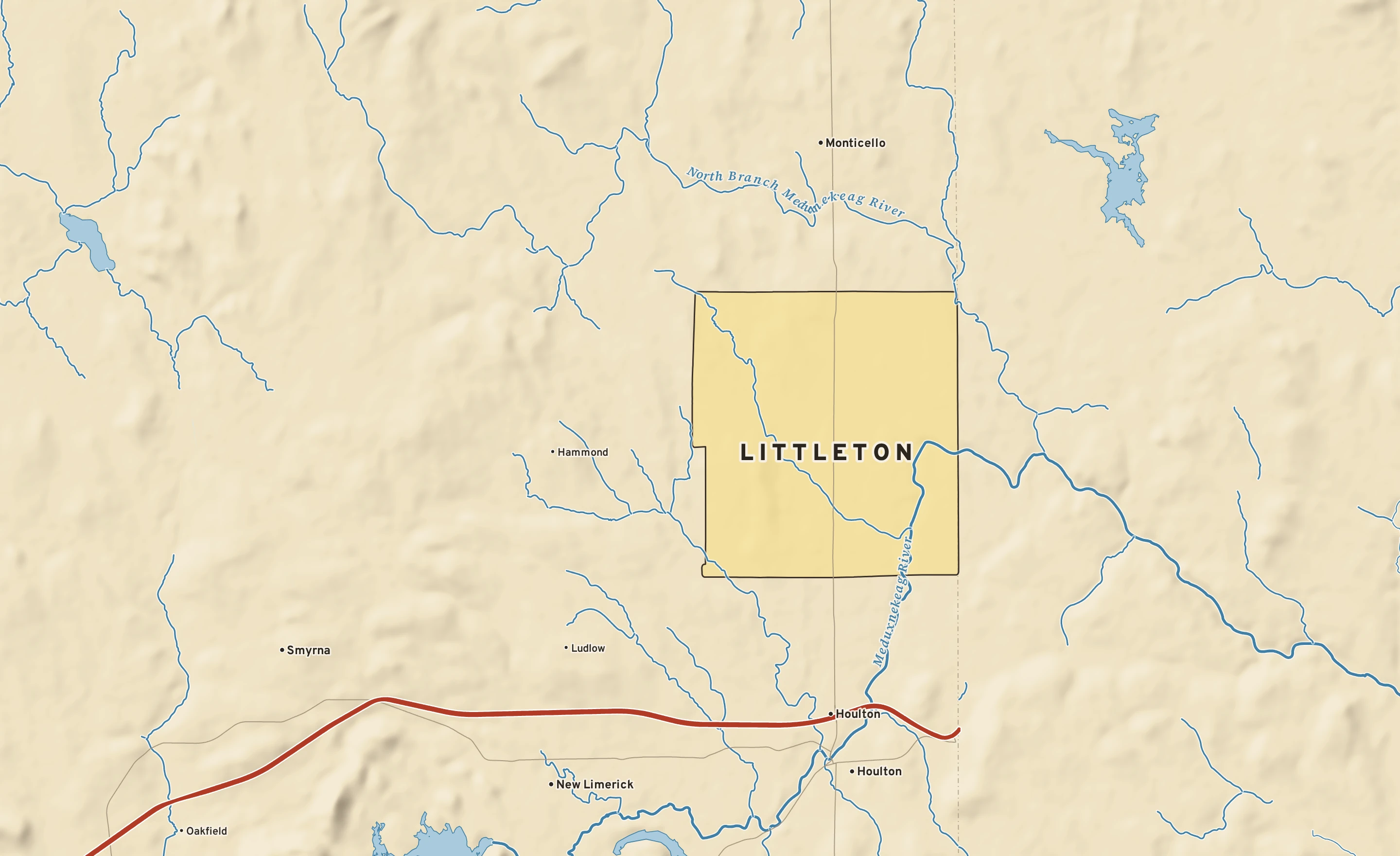Shaded-relief atlas plate of Littleton, Maine: rivers, roads, the city limits and where the water drains.