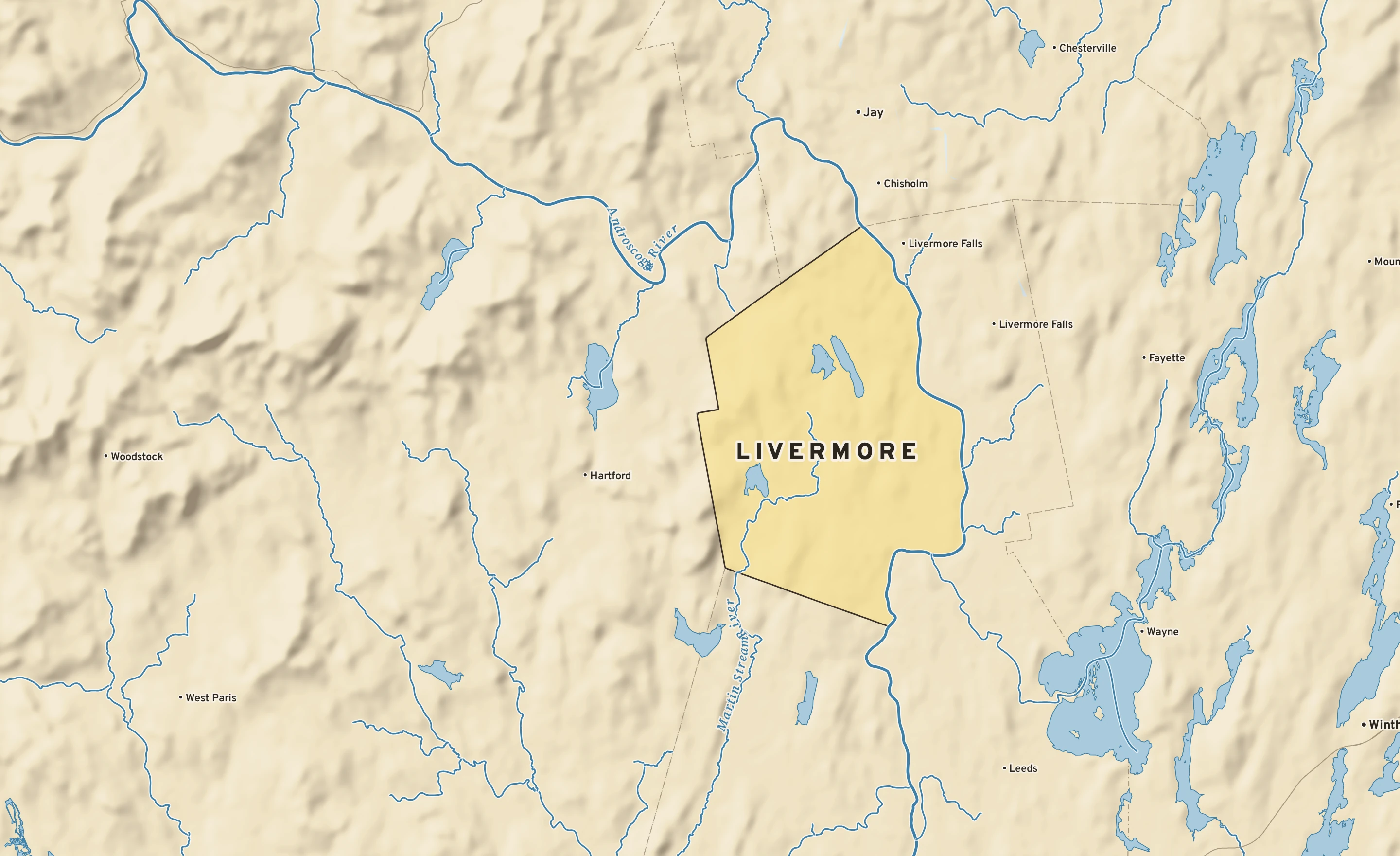 Shaded-relief atlas plate of Livermore, Maine: rivers, roads, the city limits and where the water drains.