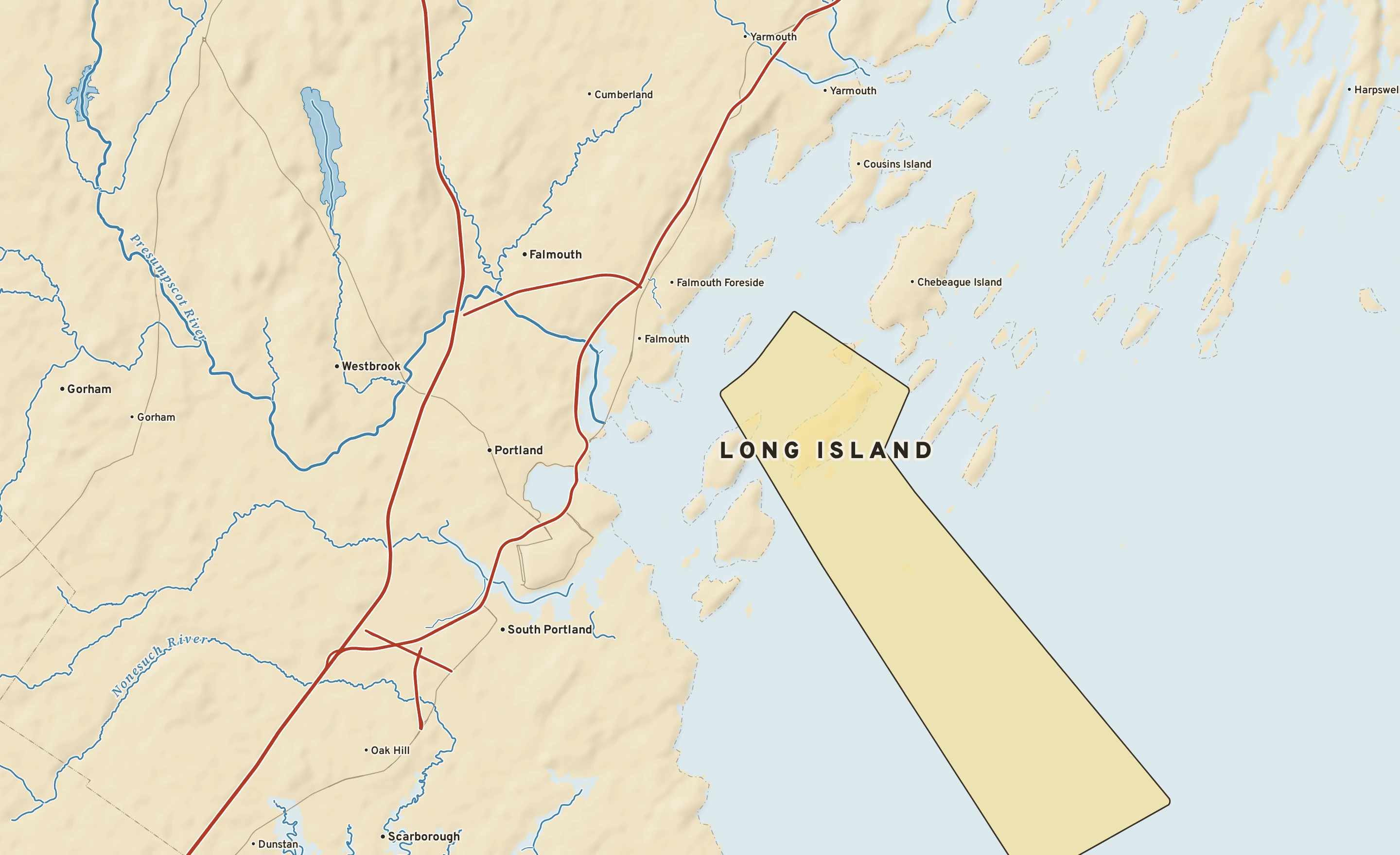 Shaded-relief atlas plate of Long Island, Maine: rivers, roads, the city limits and where the water drains.