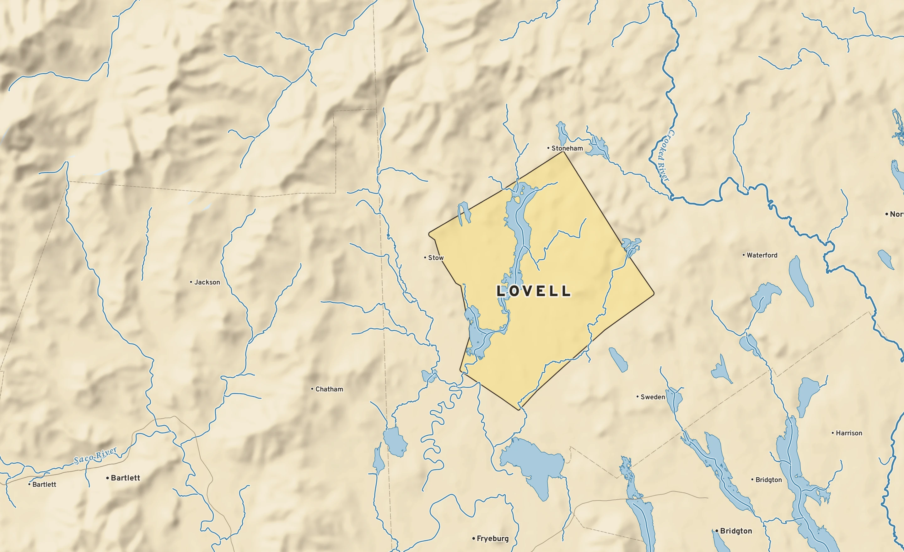 Shaded-relief atlas plate of Lovell, Maine: rivers, roads, the city limits and where the water drains.