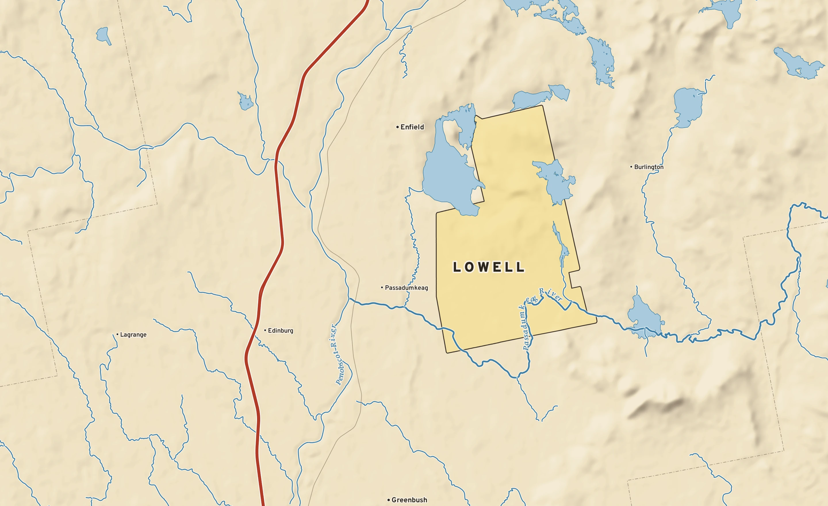 Shaded-relief atlas plate of Lowell, Maine: rivers, roads, the city limits and where the water drains.