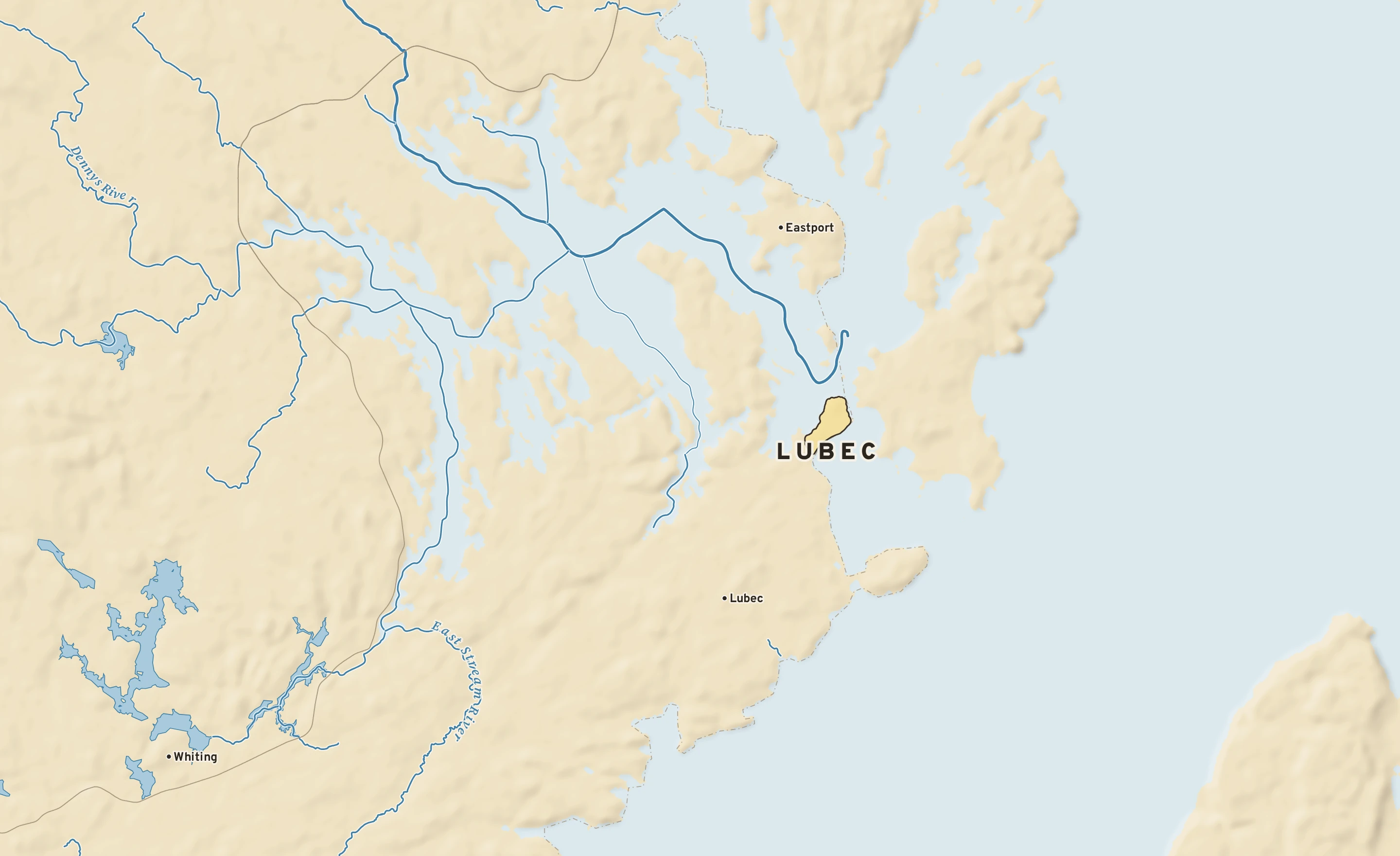 Shaded-relief atlas plate of Lubec, Maine: rivers, roads, the city limits and where the water drains.