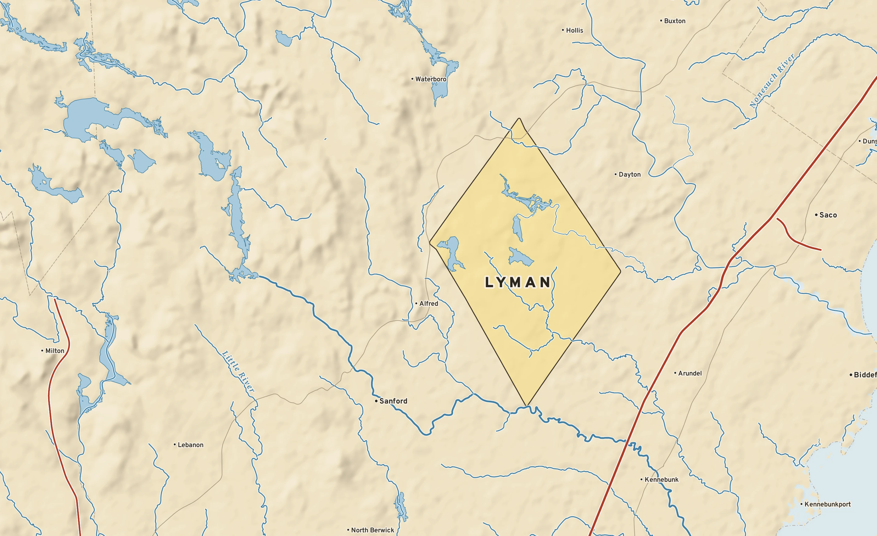 Shaded-relief atlas plate of Lyman, Maine: rivers, roads, the city limits and where the water drains.
