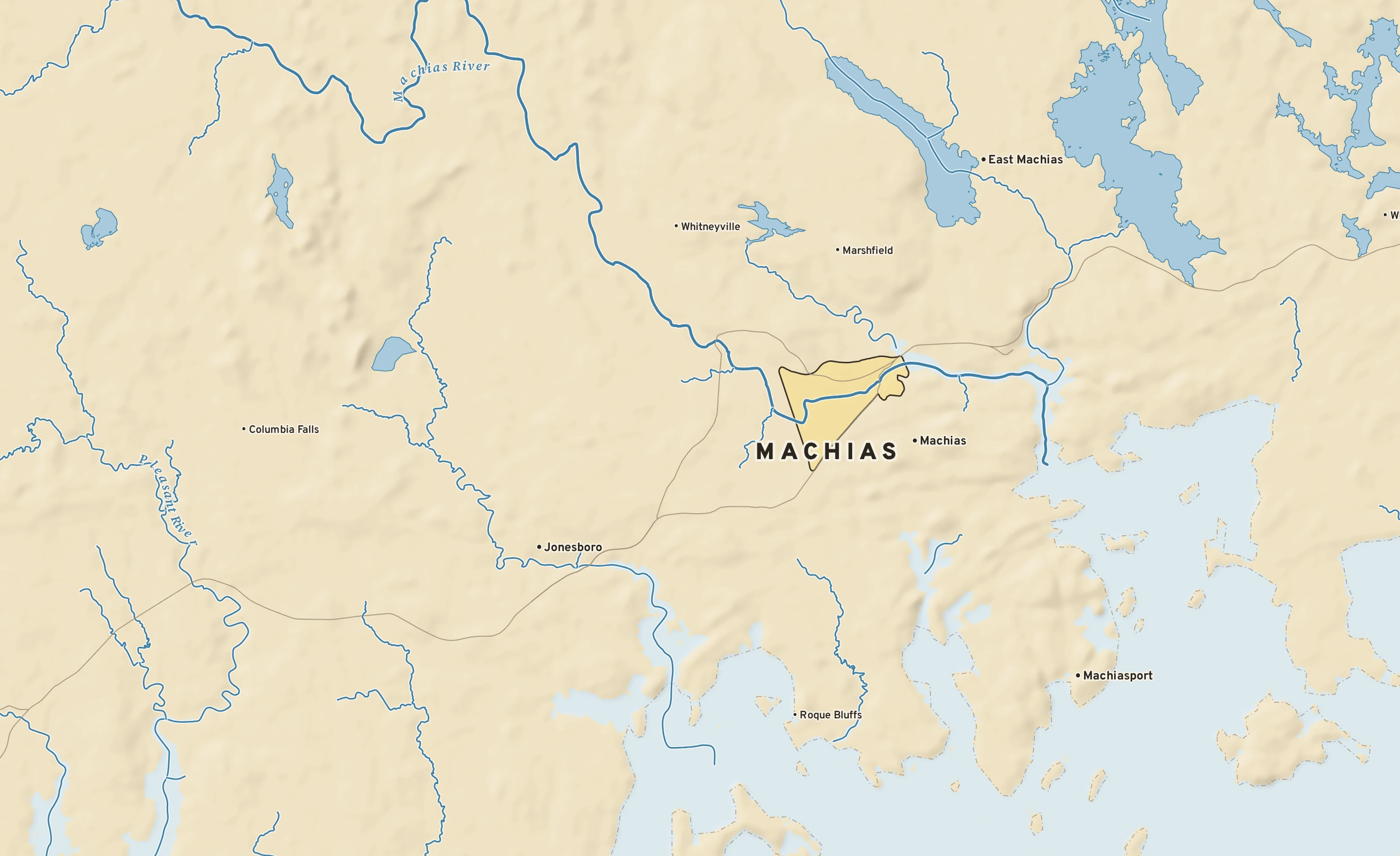 Shaded-relief atlas plate of Machias, Maine: rivers, roads, the city limits and where the water drains.
