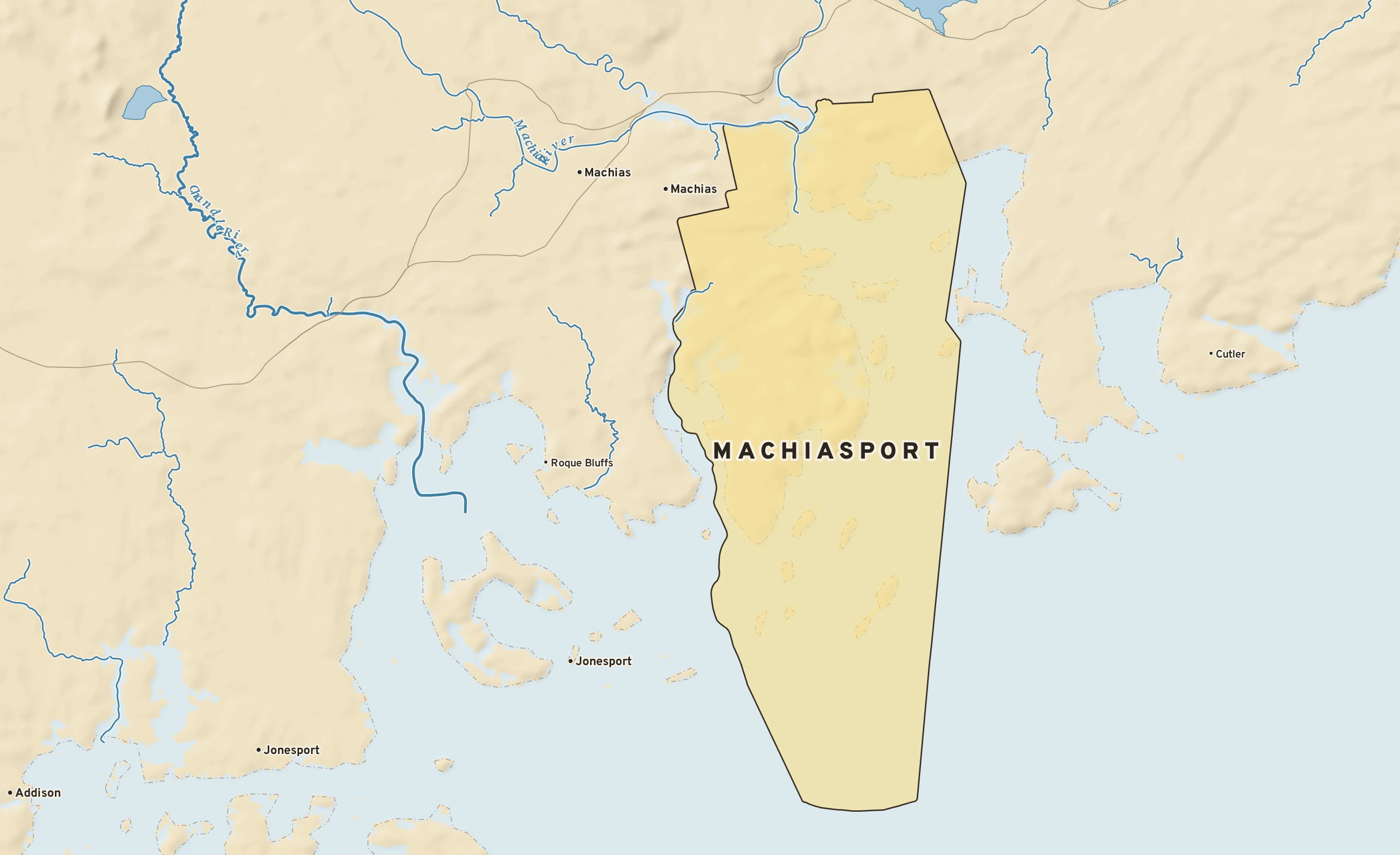 Shaded-relief atlas plate of Machiasport, Maine: rivers, roads, the city limits and where the water drains.