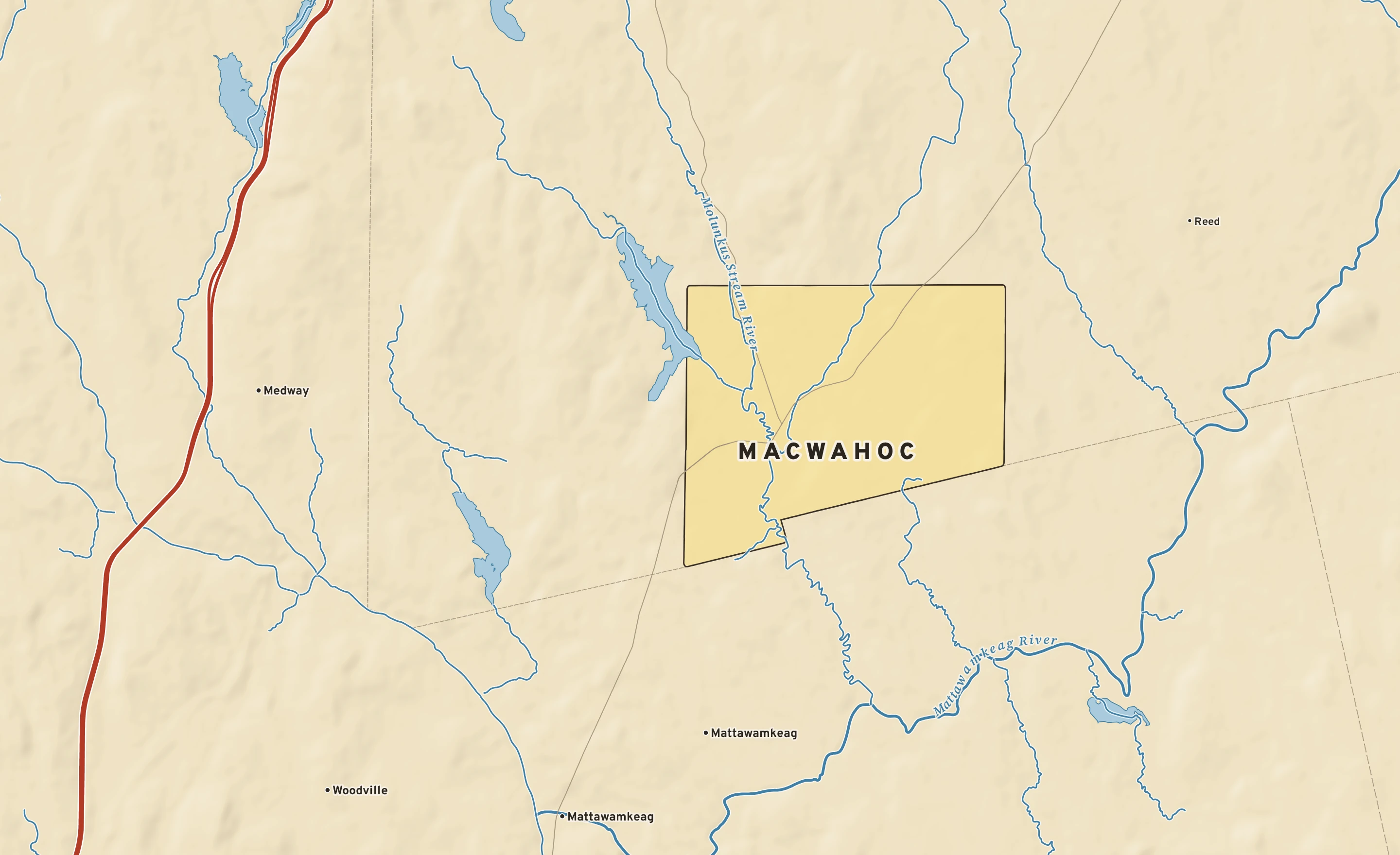 Shaded-relief atlas plate of Macwahoc, Maine: rivers, roads, the city limits and where the water drains.