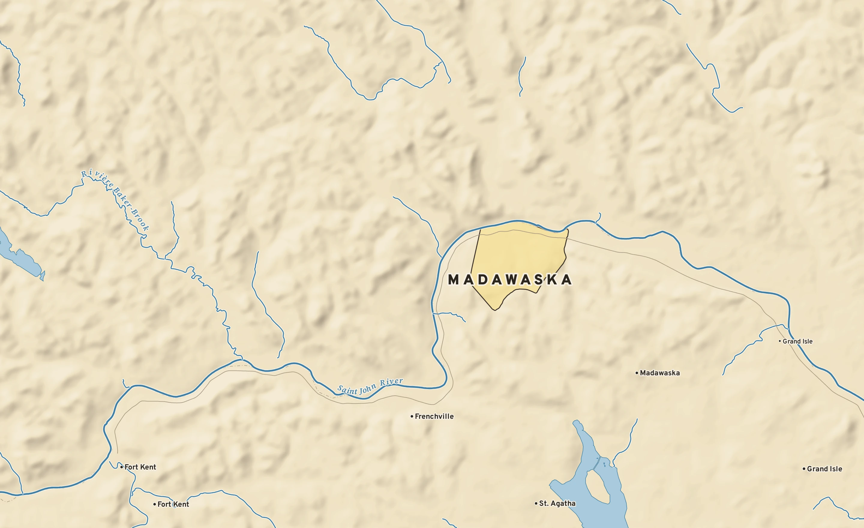 Shaded-relief atlas plate of Madawaska, Maine: rivers, roads, the city limits and where the water drains.