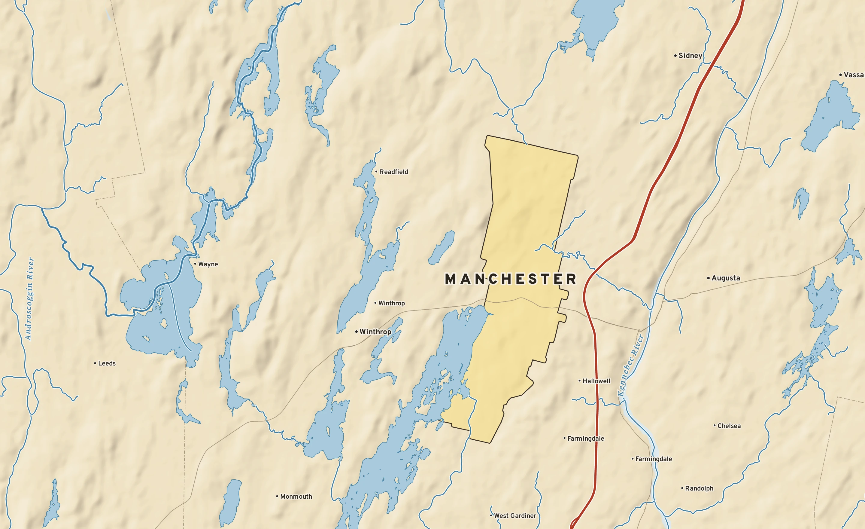 Shaded-relief atlas plate of Manchester, Maine: rivers, roads, the city limits and where the water drains.