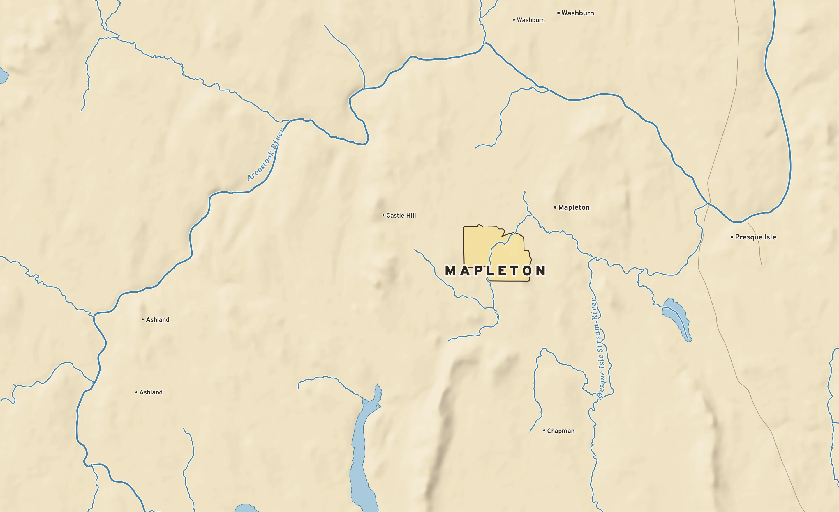 Shaded-relief atlas plate of Mapleton, Maine: rivers, roads, the city limits and where the water drains.
