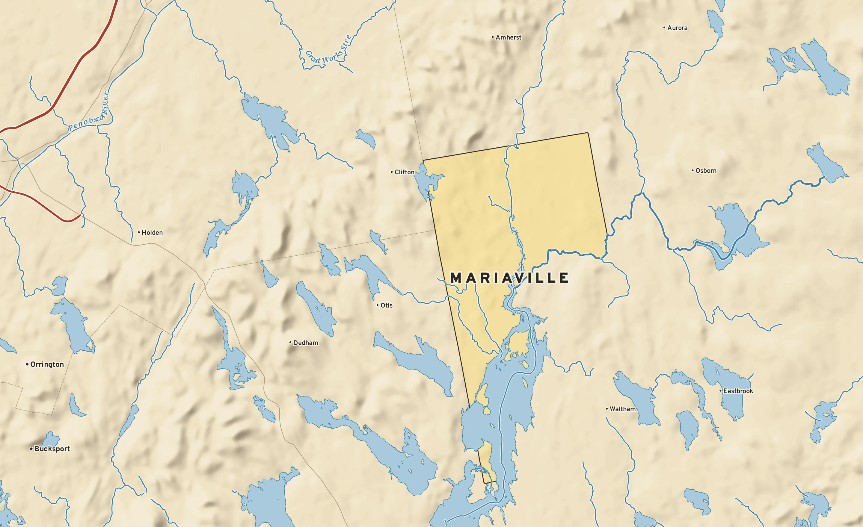 Shaded-relief atlas plate of Mariaville, Maine: rivers, roads, the city limits and where the water drains.