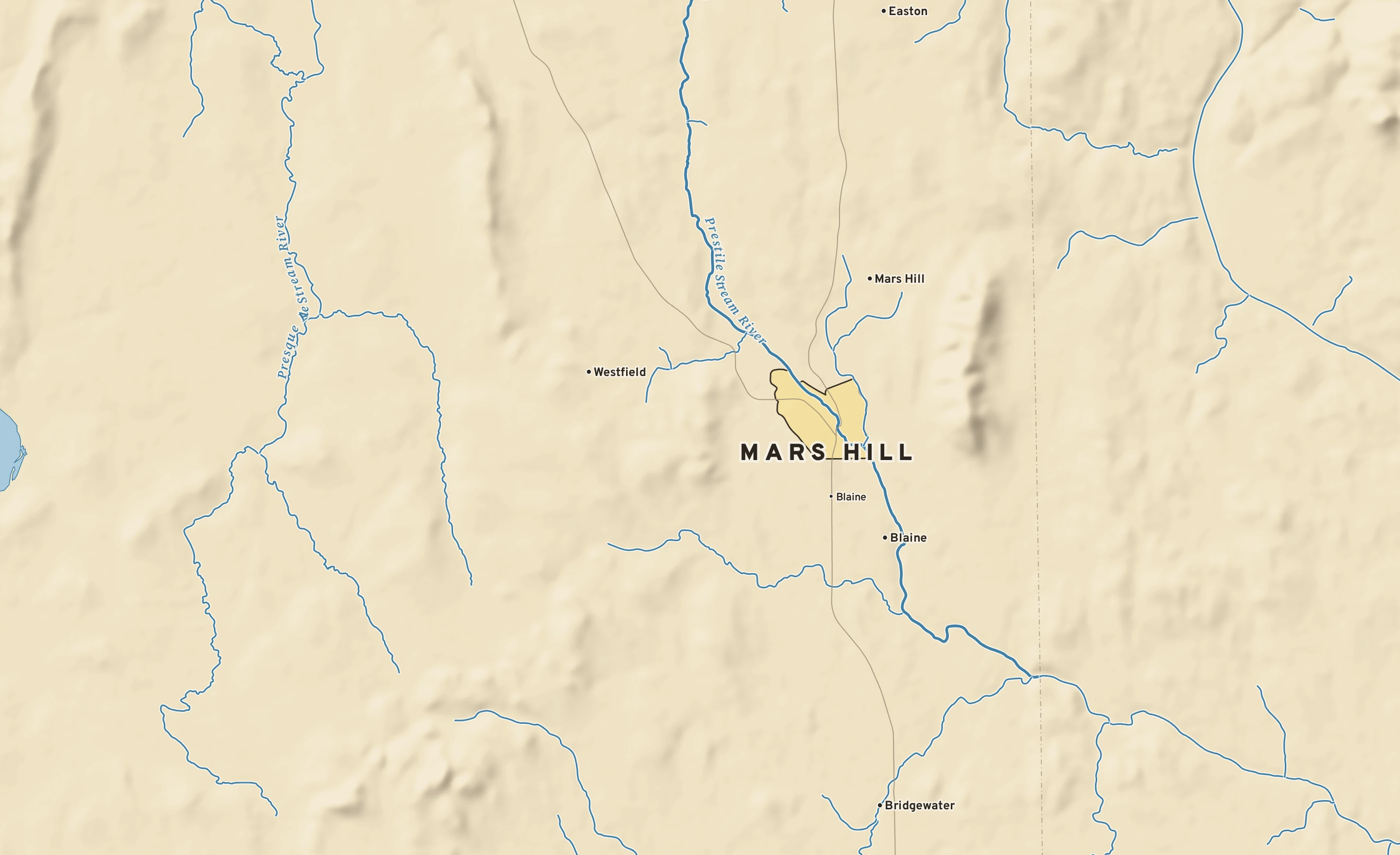 Shaded-relief atlas plate of Mars Hill, Maine: rivers, roads, the city limits and where the water drains.