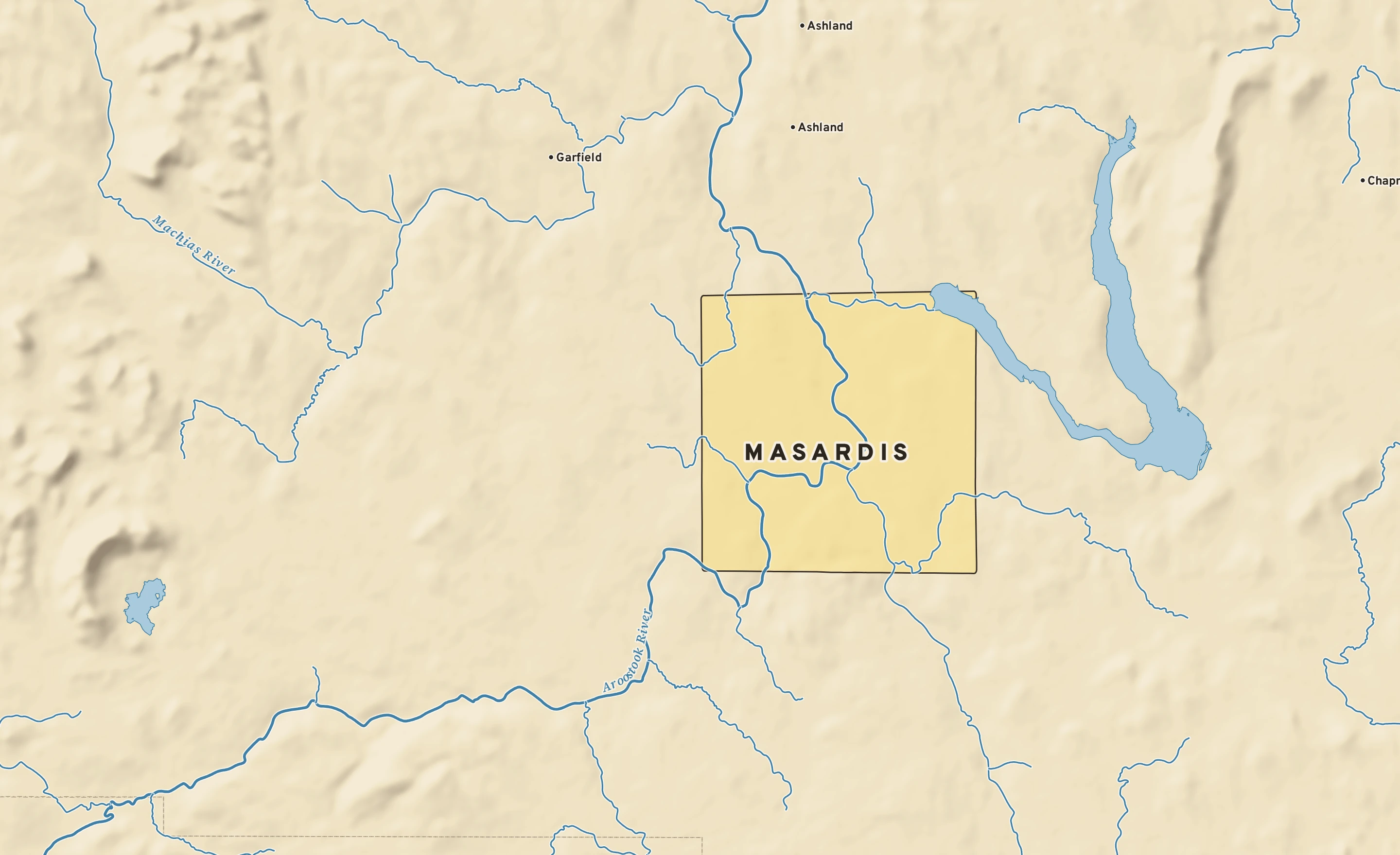 Shaded-relief atlas plate of Masardis, Maine: rivers, roads, the city limits and where the water drains.