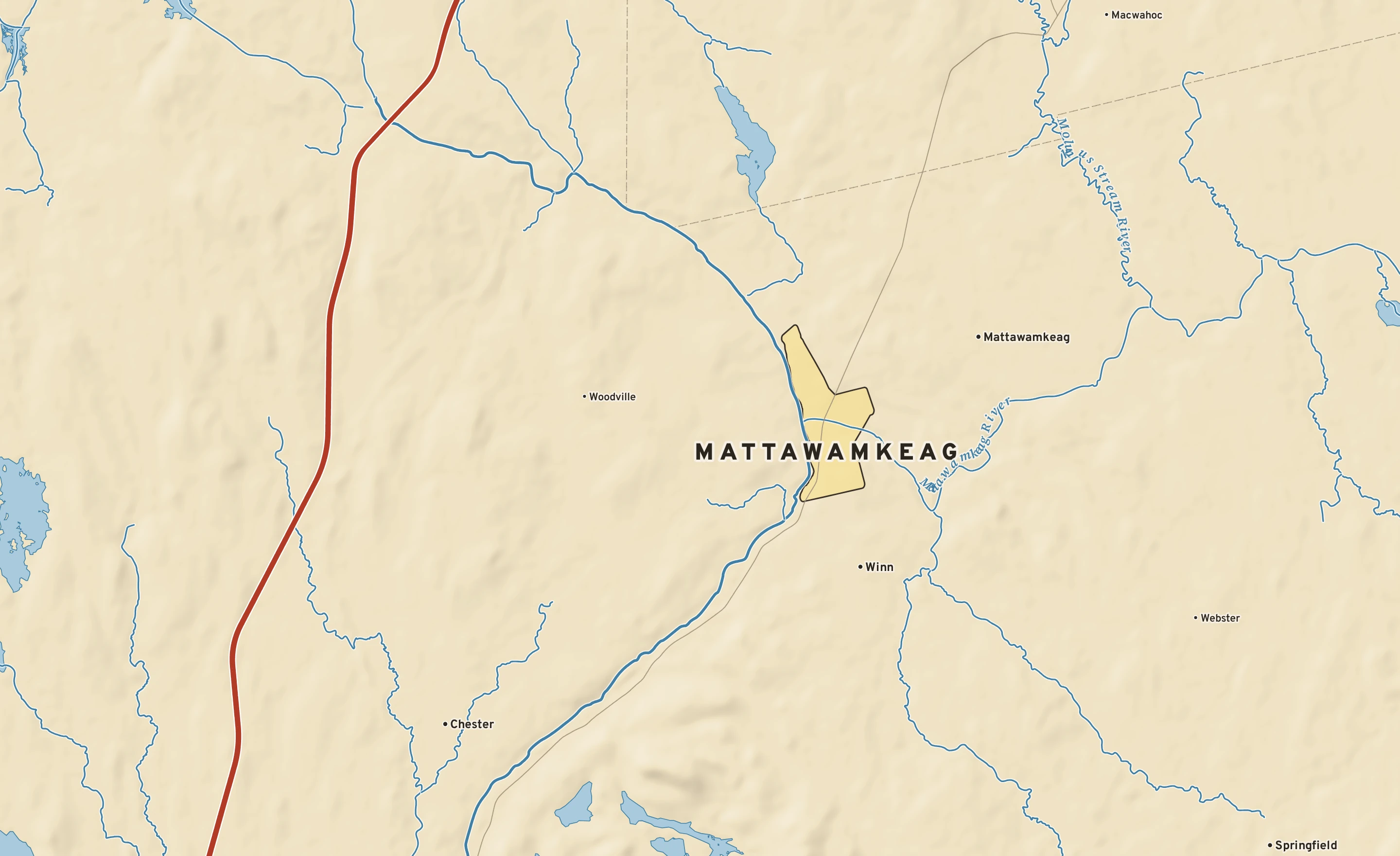 Shaded-relief atlas plate of Mattawamkeag, Maine: rivers, roads, the city limits and where the water drains.