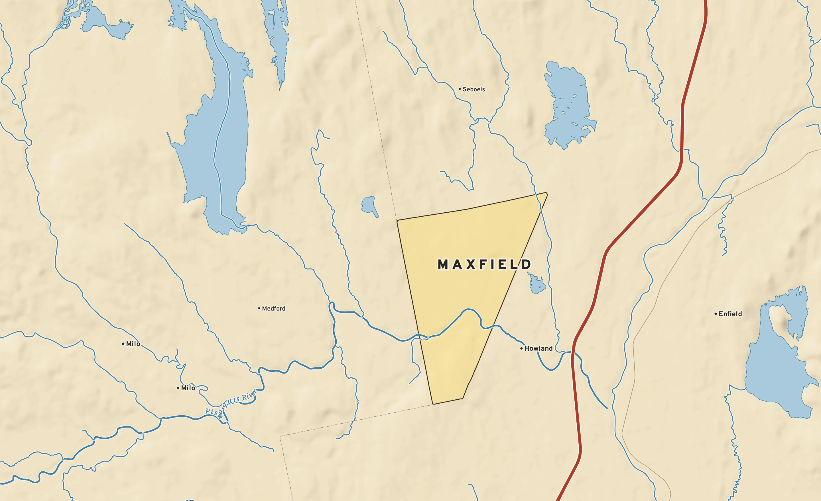 Shaded-relief atlas plate of Maxfield, Maine: rivers, roads, the city limits and where the water drains.