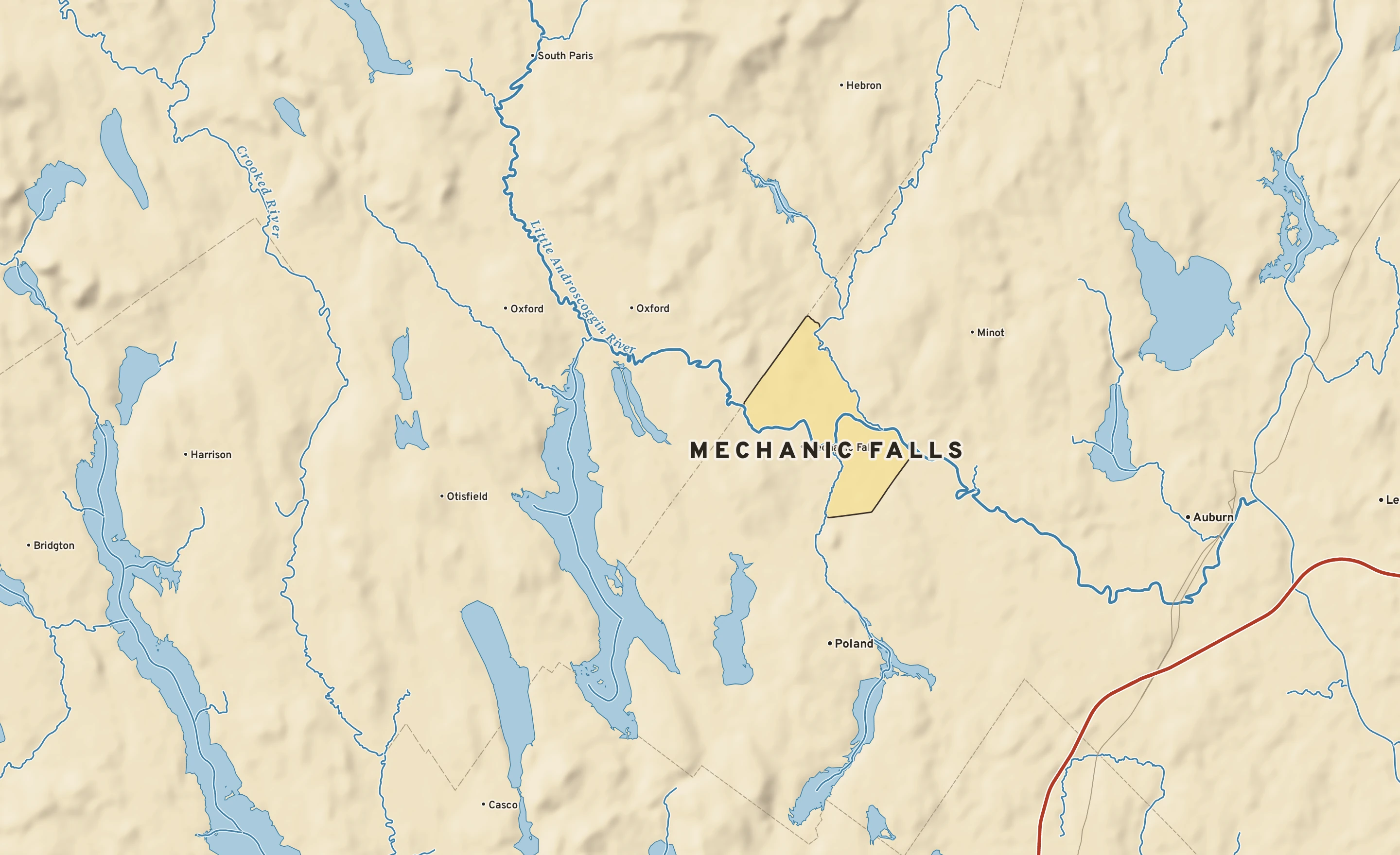 Shaded-relief atlas plate of Mechanic Falls, Maine: rivers, roads, the city limits and where the water drains.