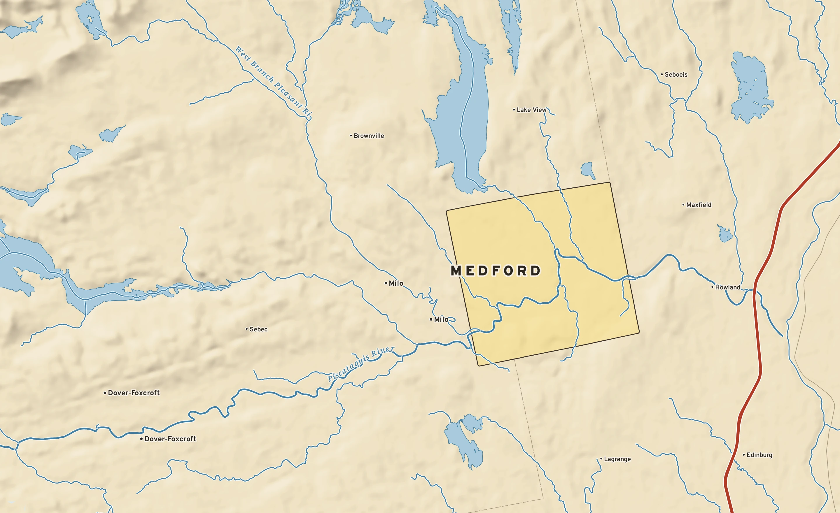 Shaded-relief atlas plate of Medford, Maine: rivers, roads, the city limits and where the water drains.