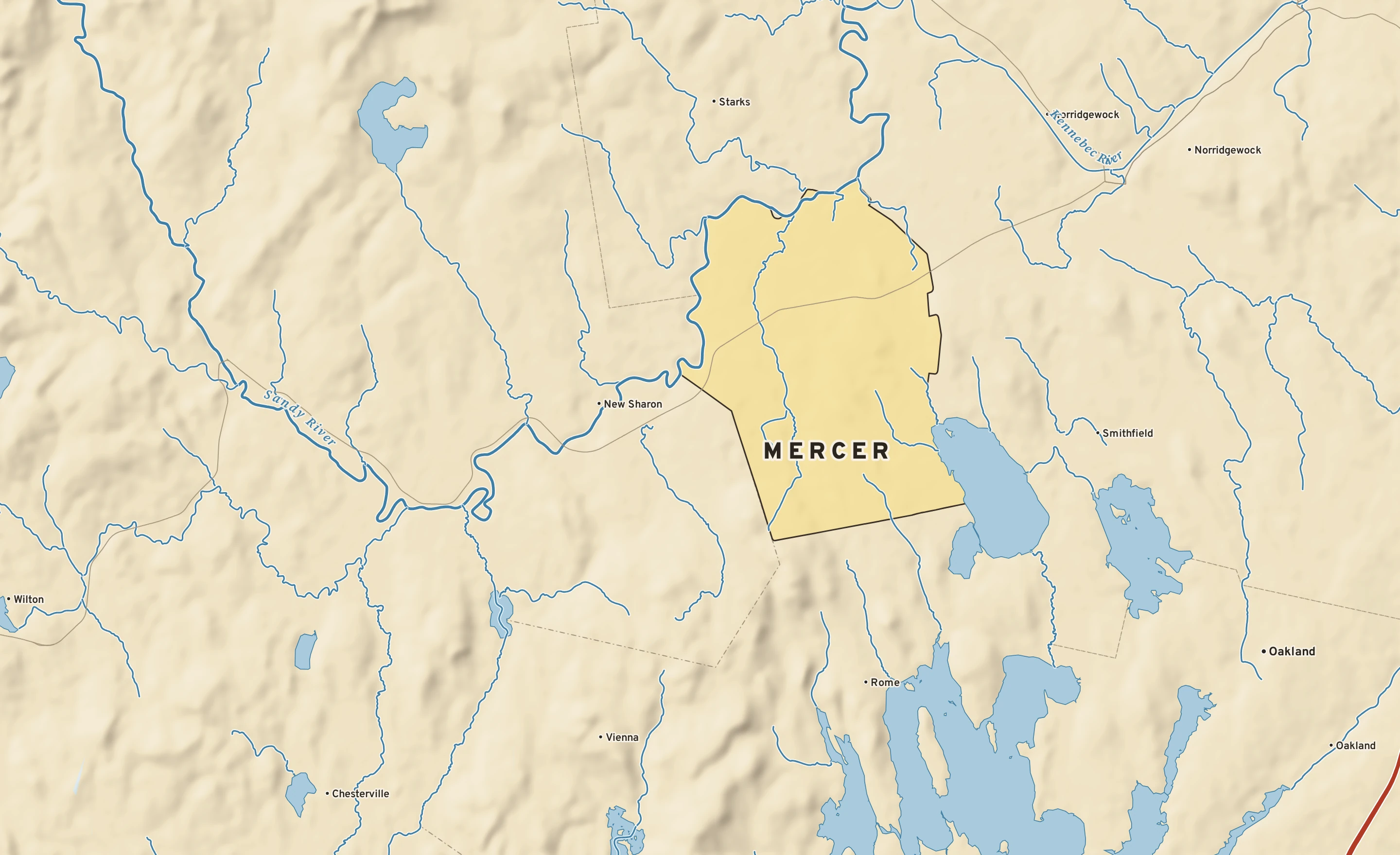 Shaded-relief atlas plate of Mercer, Maine: rivers, roads, the city limits and where the water drains.