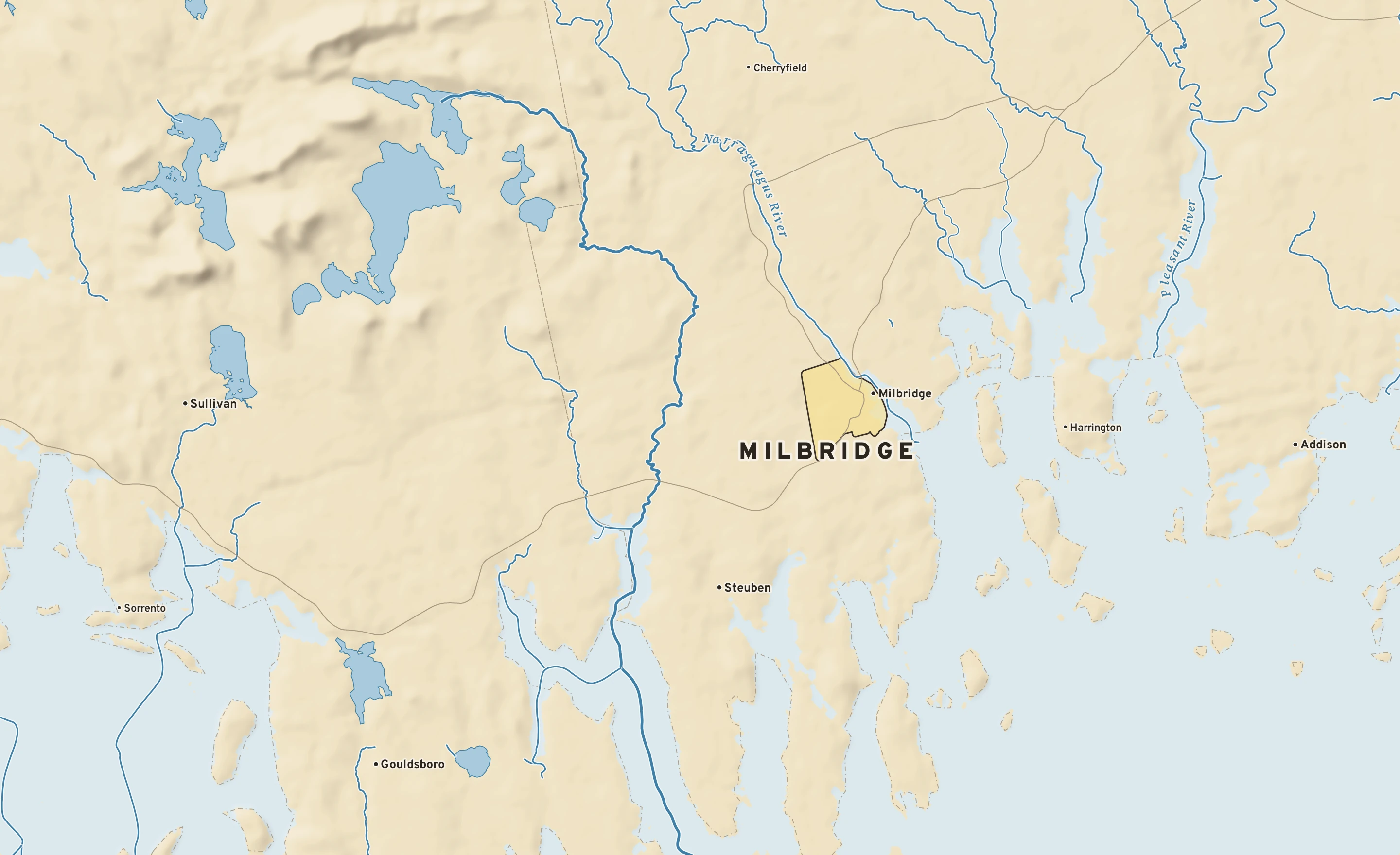 Shaded-relief atlas plate of Milbridge, Maine: rivers, roads, the city limits and where the water drains.