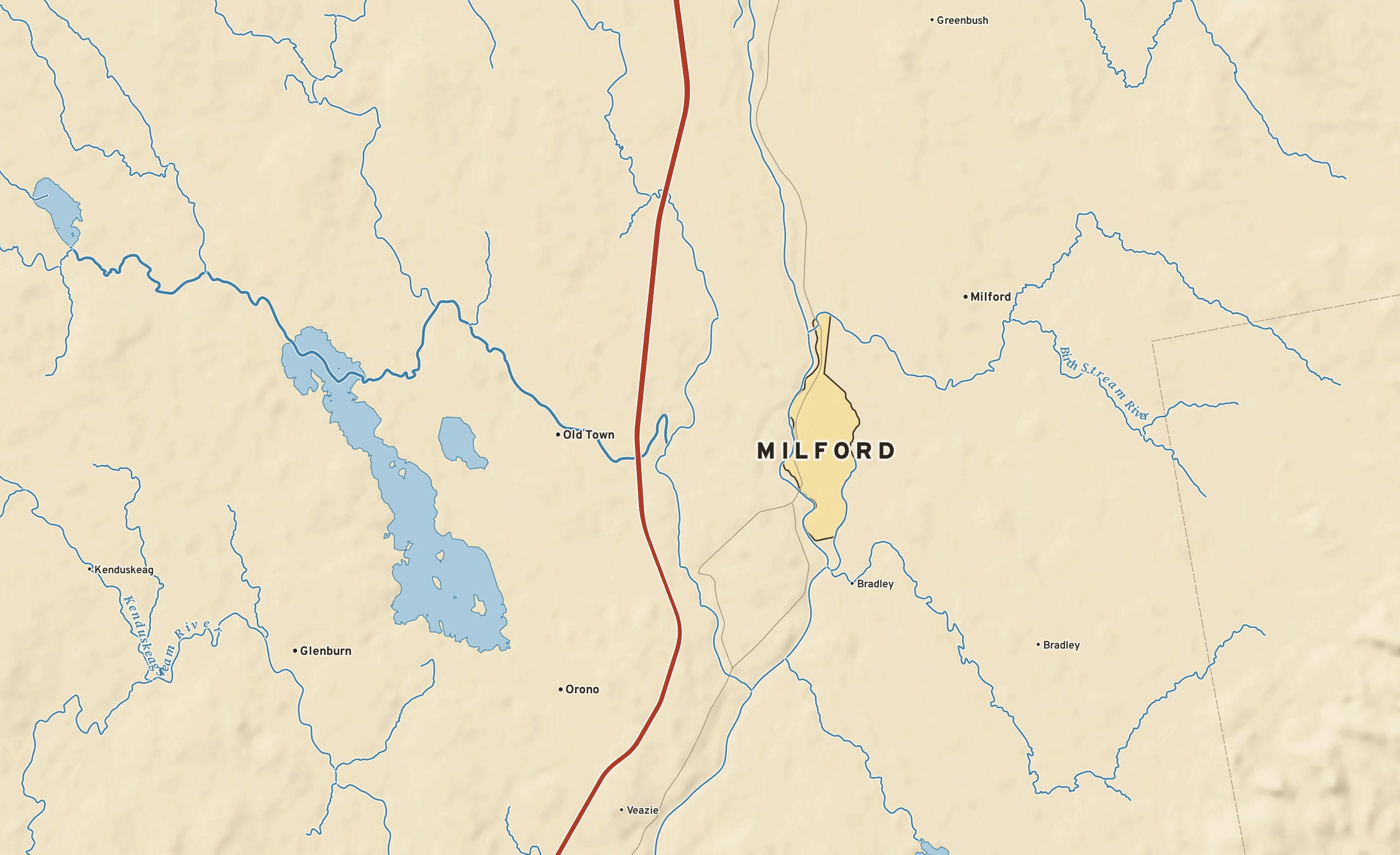 Shaded-relief atlas plate of Milford, Maine: rivers, roads, the city limits and where the water drains.