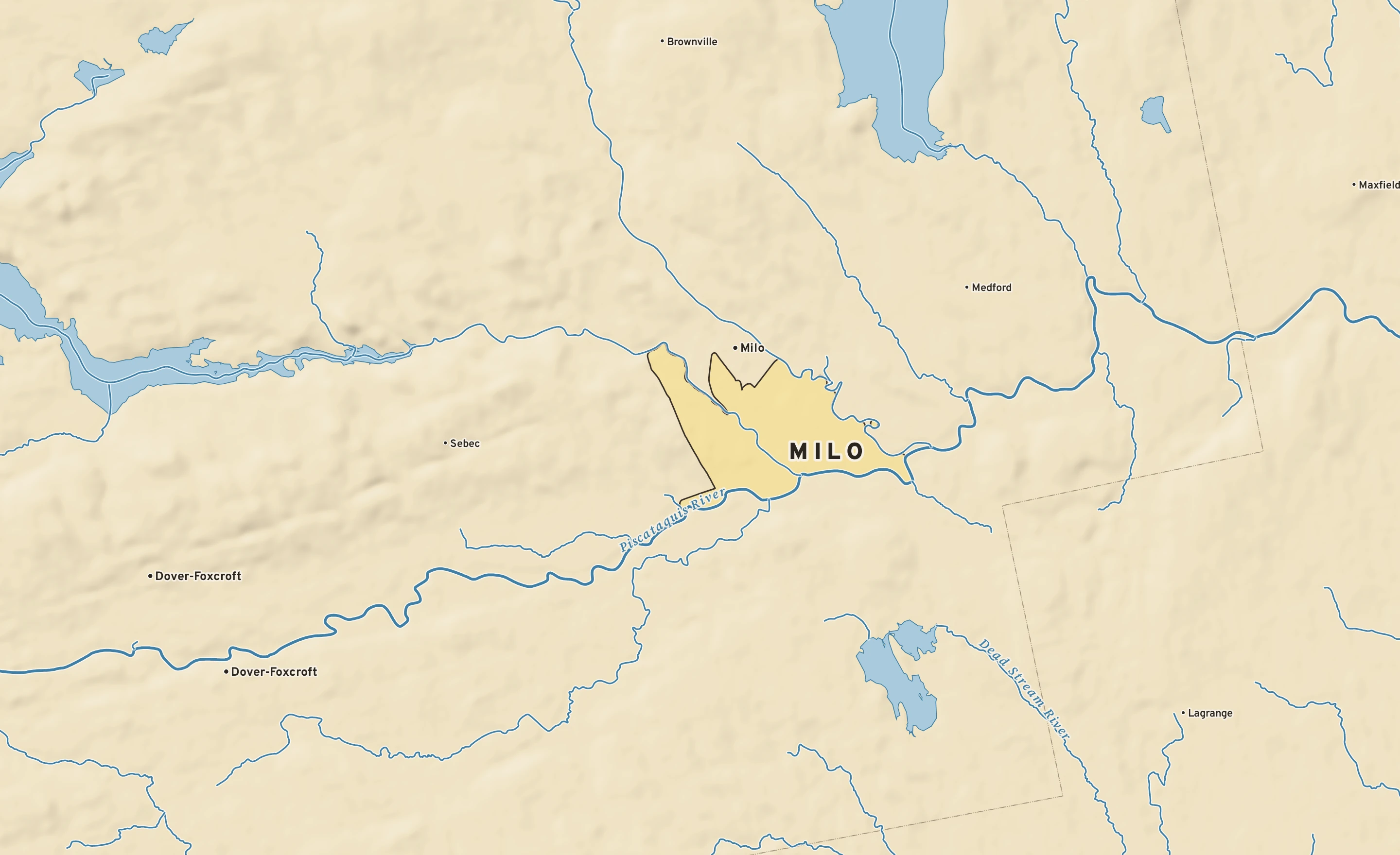 Shaded-relief atlas plate of Milo, Maine: rivers, roads, the city limits and where the water drains.
