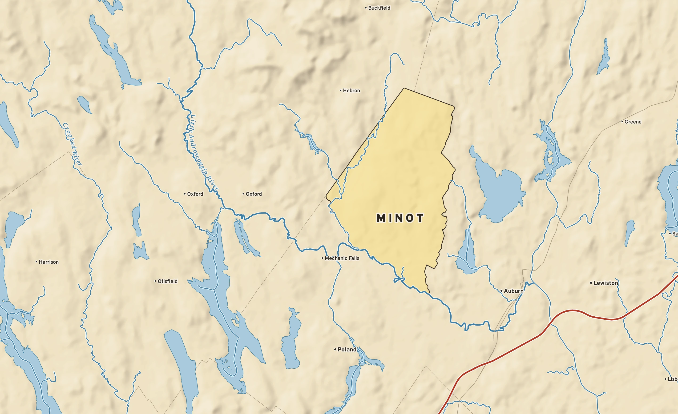 Shaded-relief atlas plate of Minot, Maine: rivers, roads, the city limits and where the water drains.