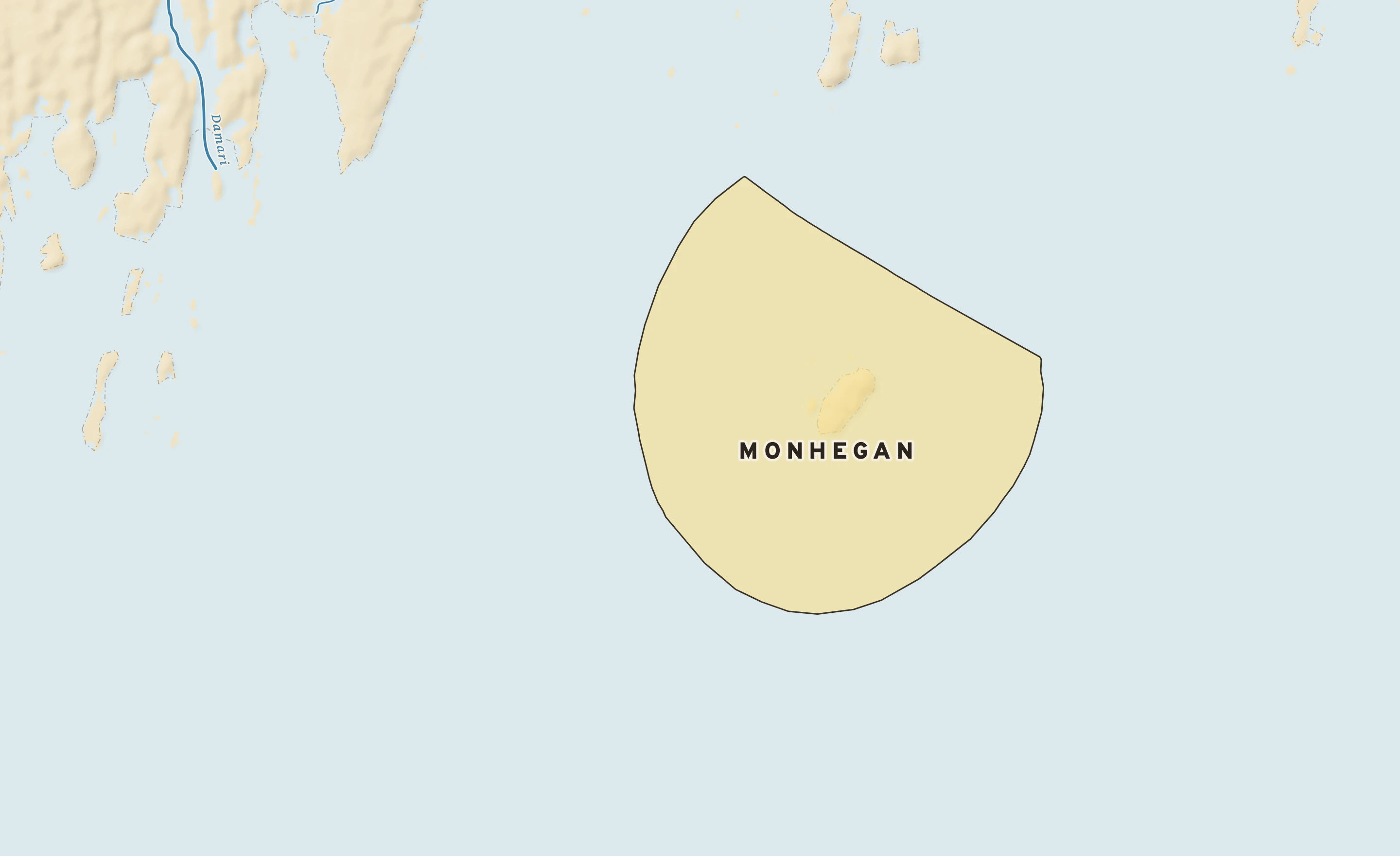 Shaded-relief atlas plate of Monhegan, Maine: rivers, roads, the city limits and where the water drains.
