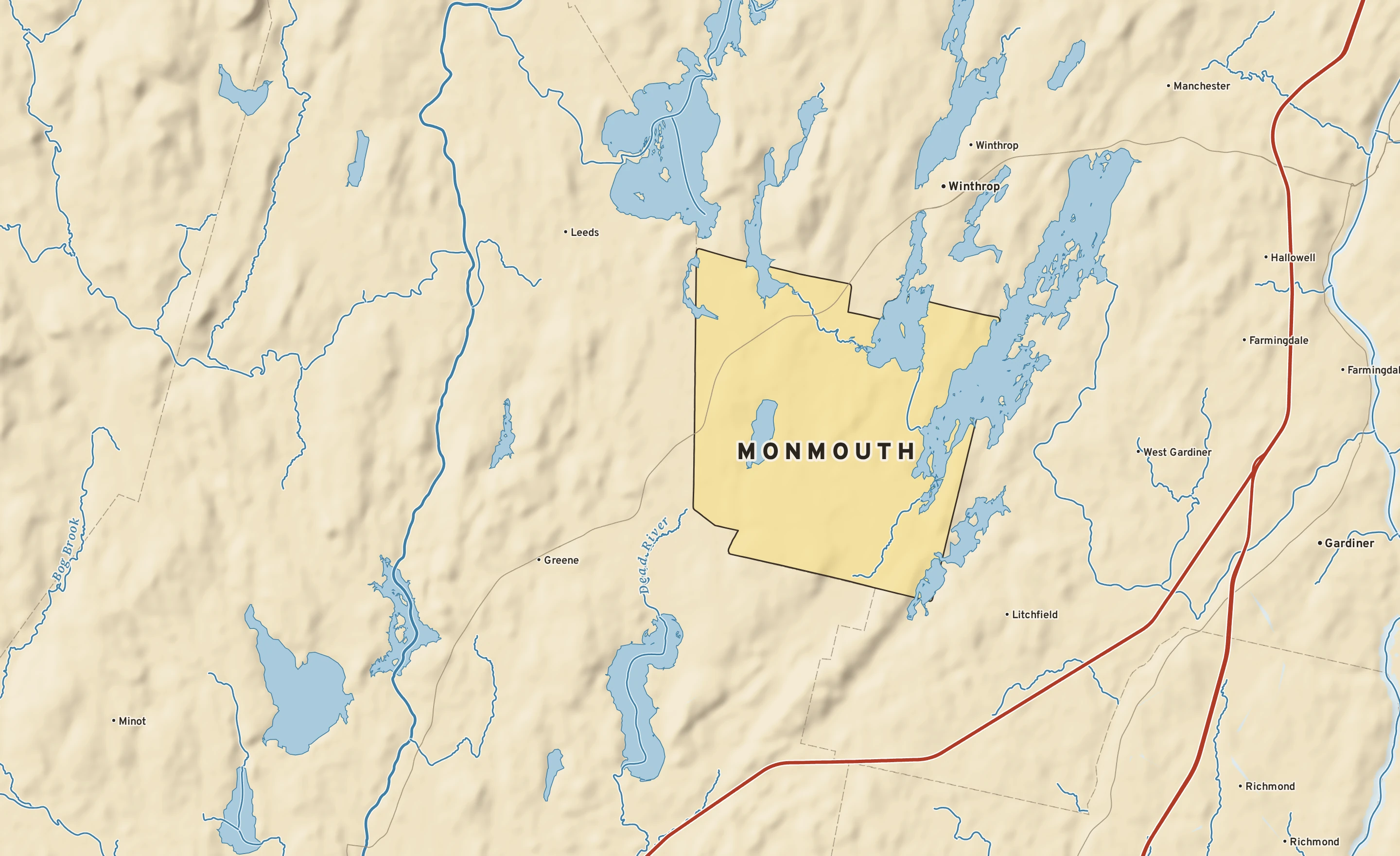Shaded-relief atlas plate of Monmouth, Maine: rivers, roads, the city limits and where the water drains.