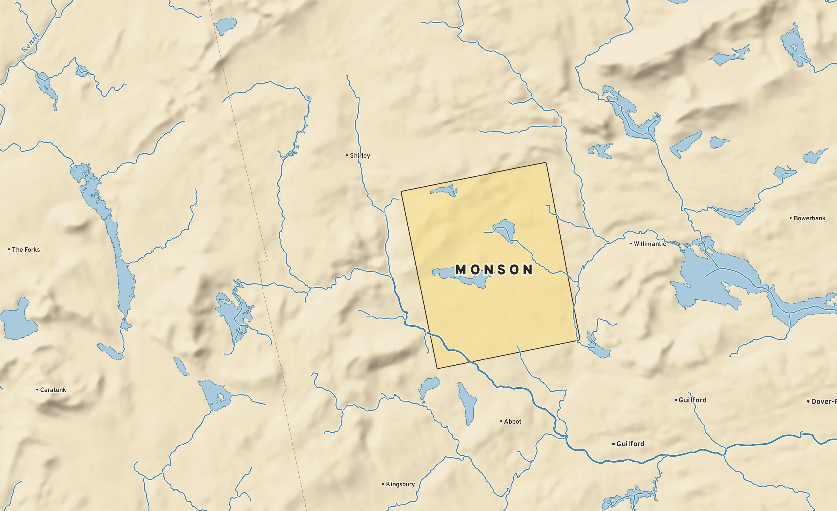 Shaded-relief atlas plate of Monson, Maine: rivers, roads, the city limits and where the water drains.
