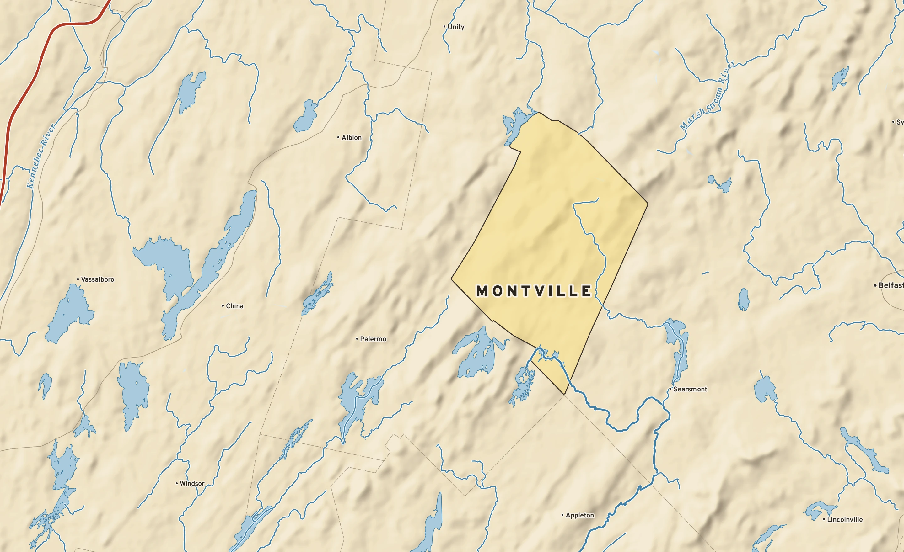 Shaded-relief atlas plate of Montville, Maine: rivers, roads, the city limits and where the water drains.