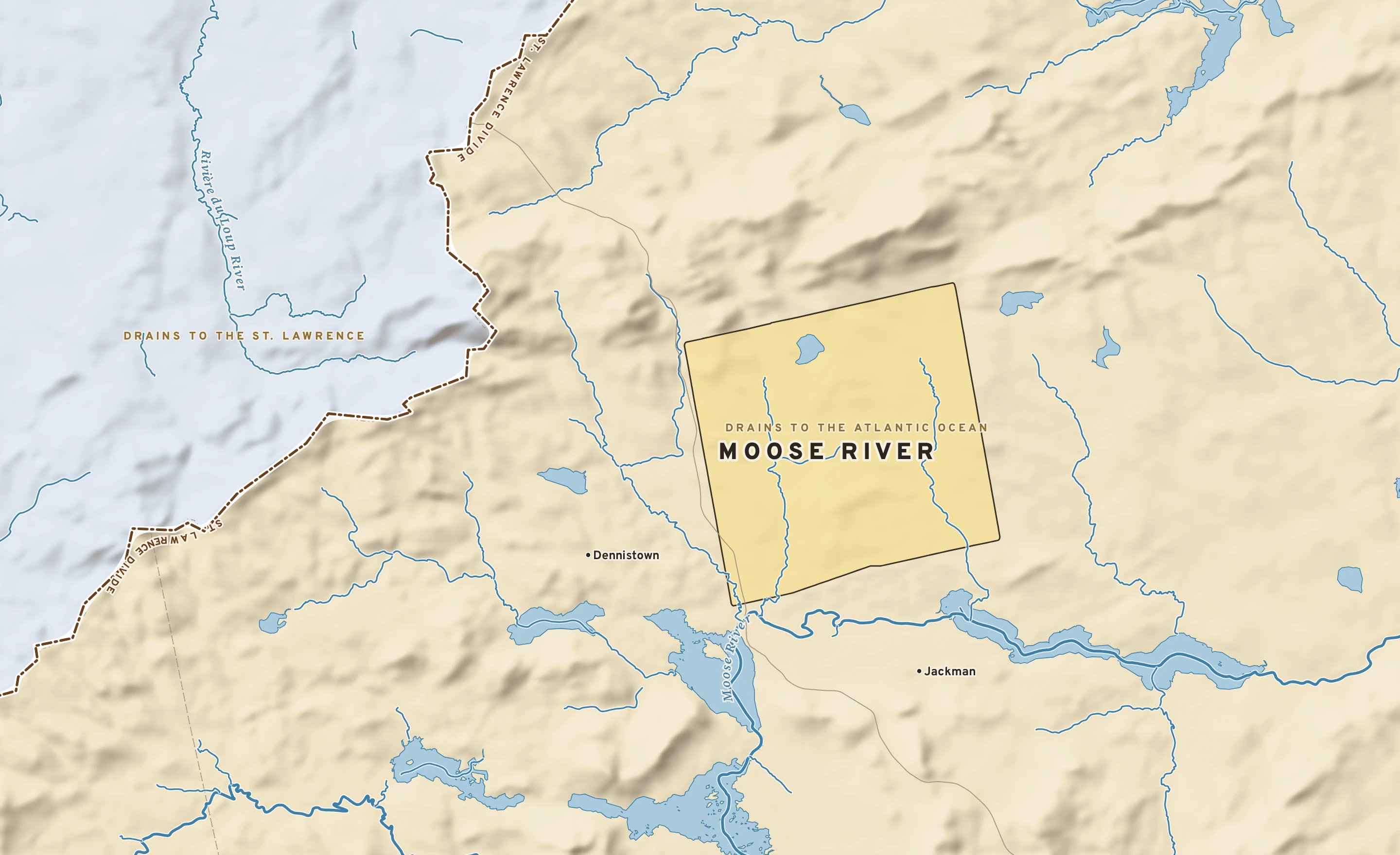 Shaded-relief atlas plate of Moose River, Maine: rivers, roads, the city limits and where the water drains.