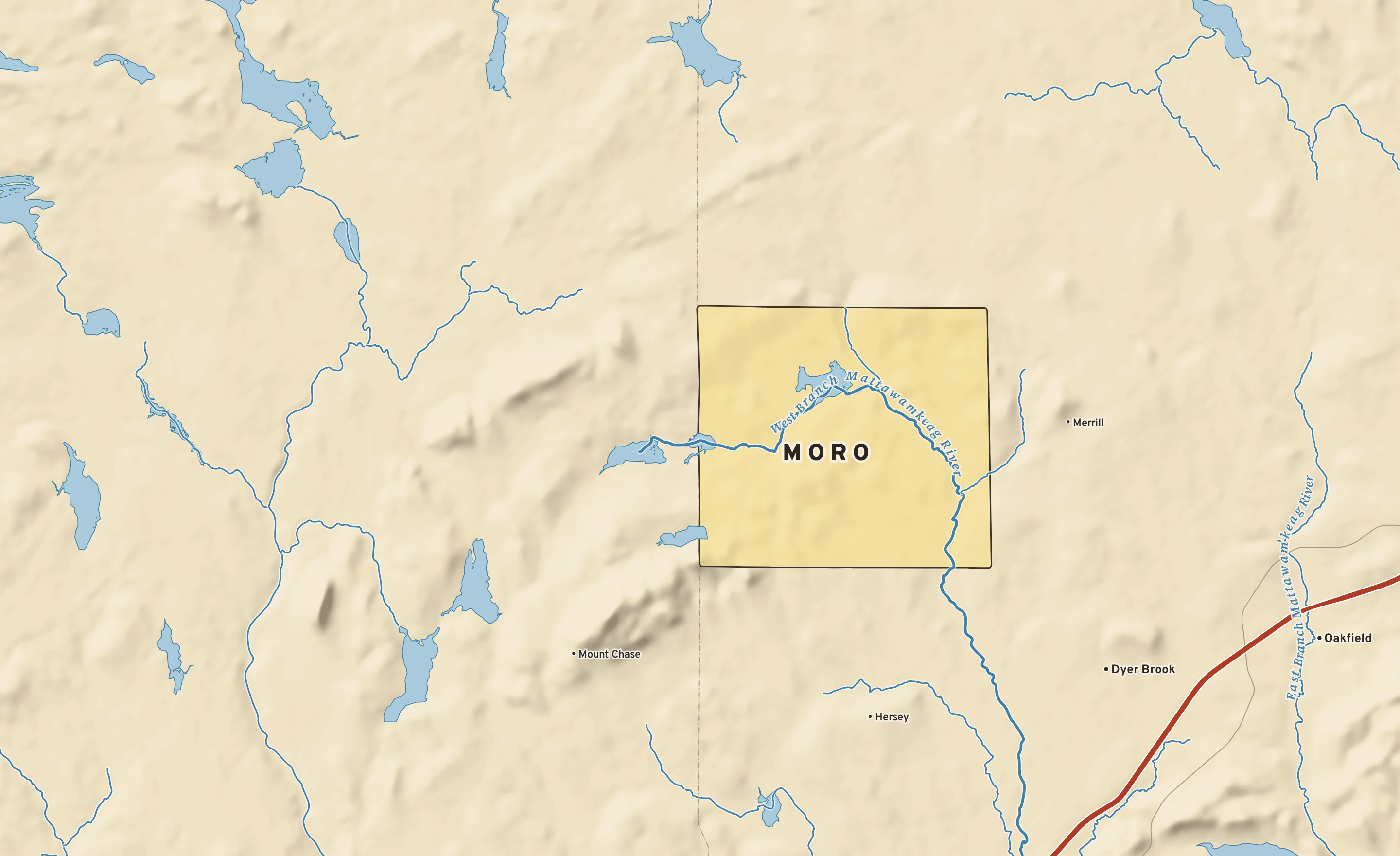 Shaded-relief atlas plate of Moro, Maine: rivers, roads, the city limits and where the water drains.
