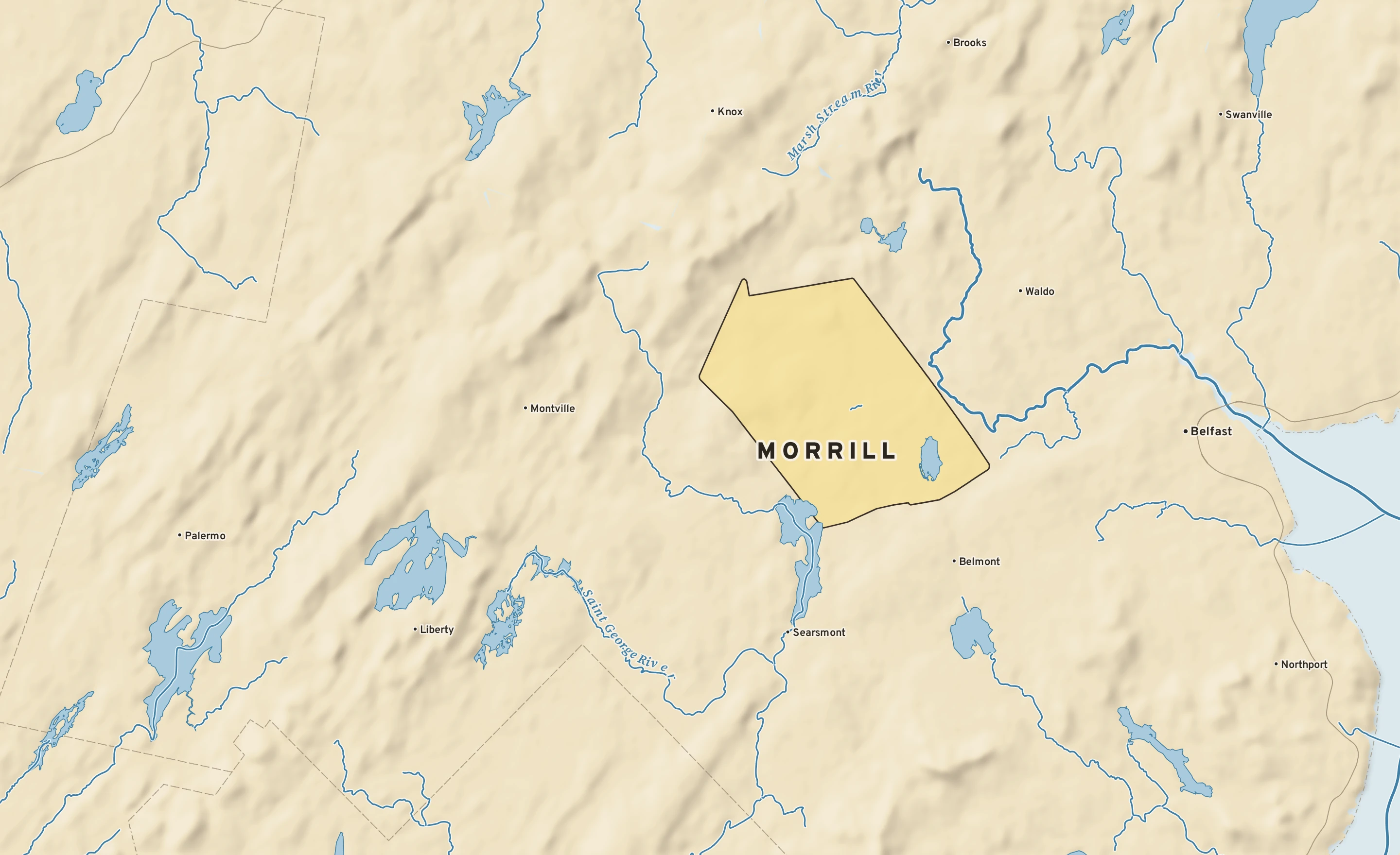 Shaded-relief atlas plate of Morrill, Maine: rivers, roads, the city limits and where the water drains.