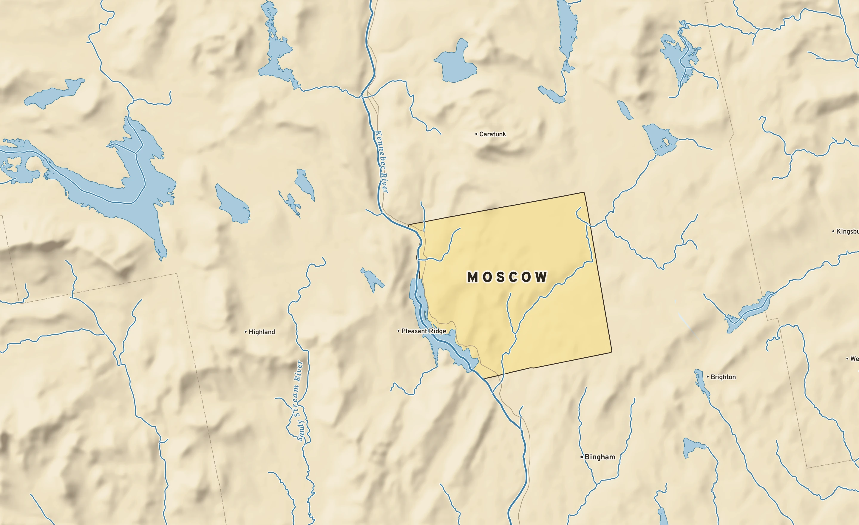 Shaded-relief atlas plate of Moscow, Maine: rivers, roads, the city limits and where the water drains.