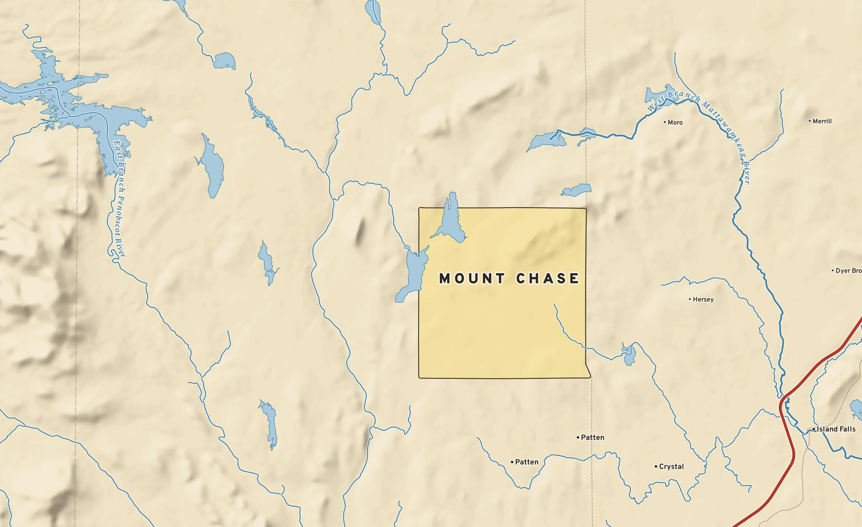 Shaded-relief atlas plate of Mount Chase, Maine: rivers, roads, the city limits and where the water drains.