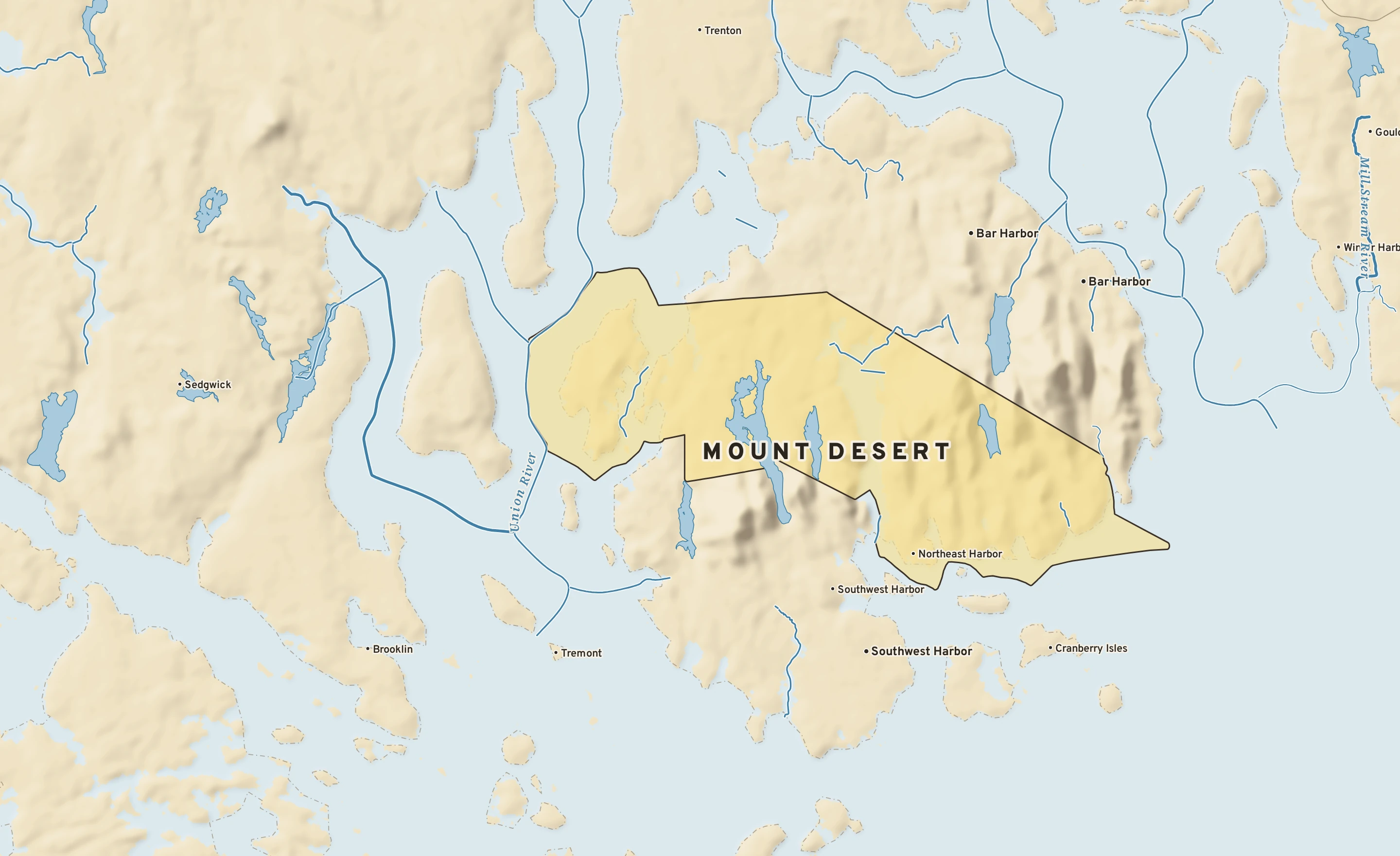 Shaded-relief atlas plate of Mount Desert, Maine: rivers, roads, the city limits and where the water drains.