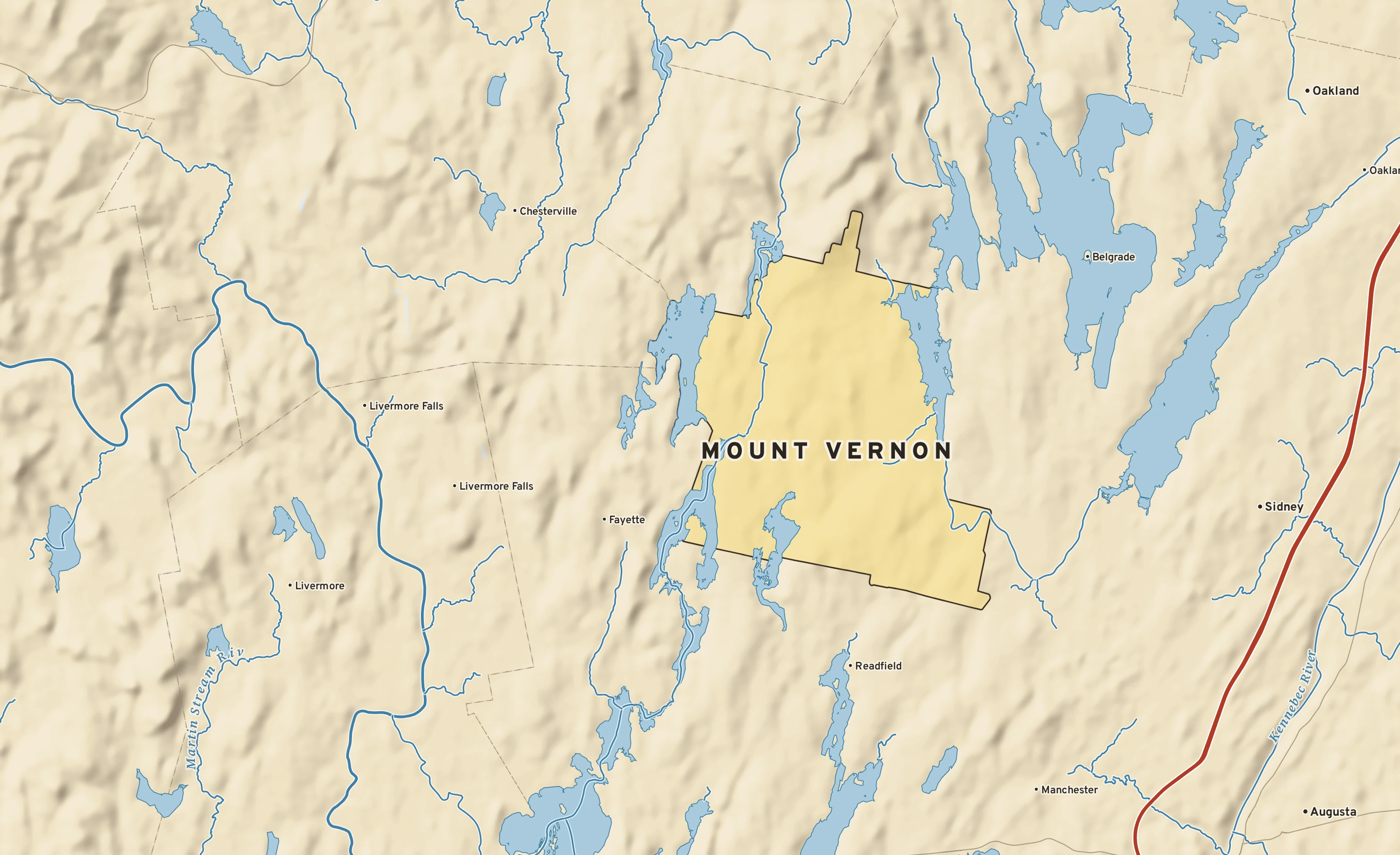 Shaded-relief atlas plate of Mount Vernon, Maine: rivers, roads, the city limits and where the water drains.