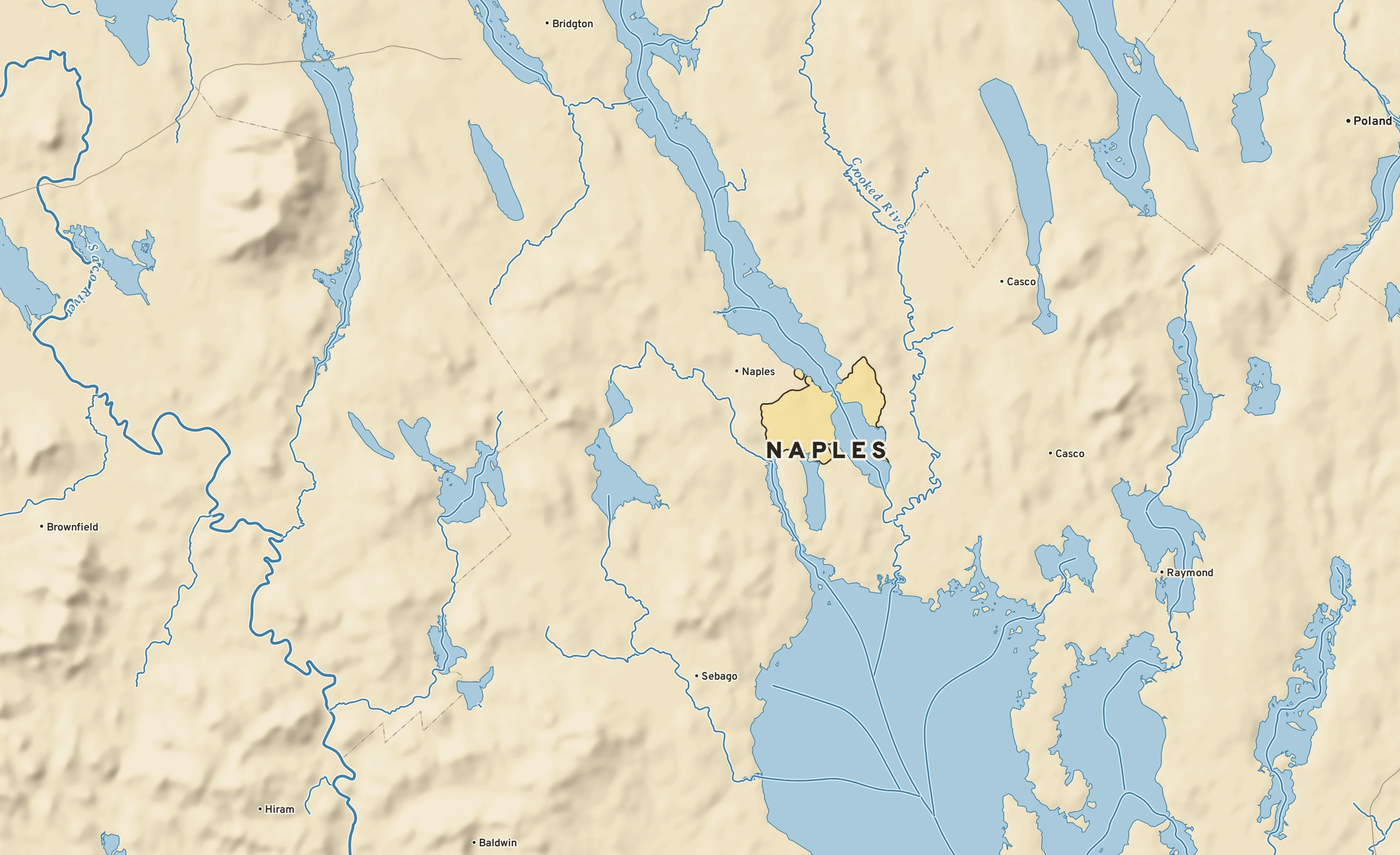 Shaded-relief atlas plate of Naples, Maine: rivers, roads, the city limits and where the water drains.