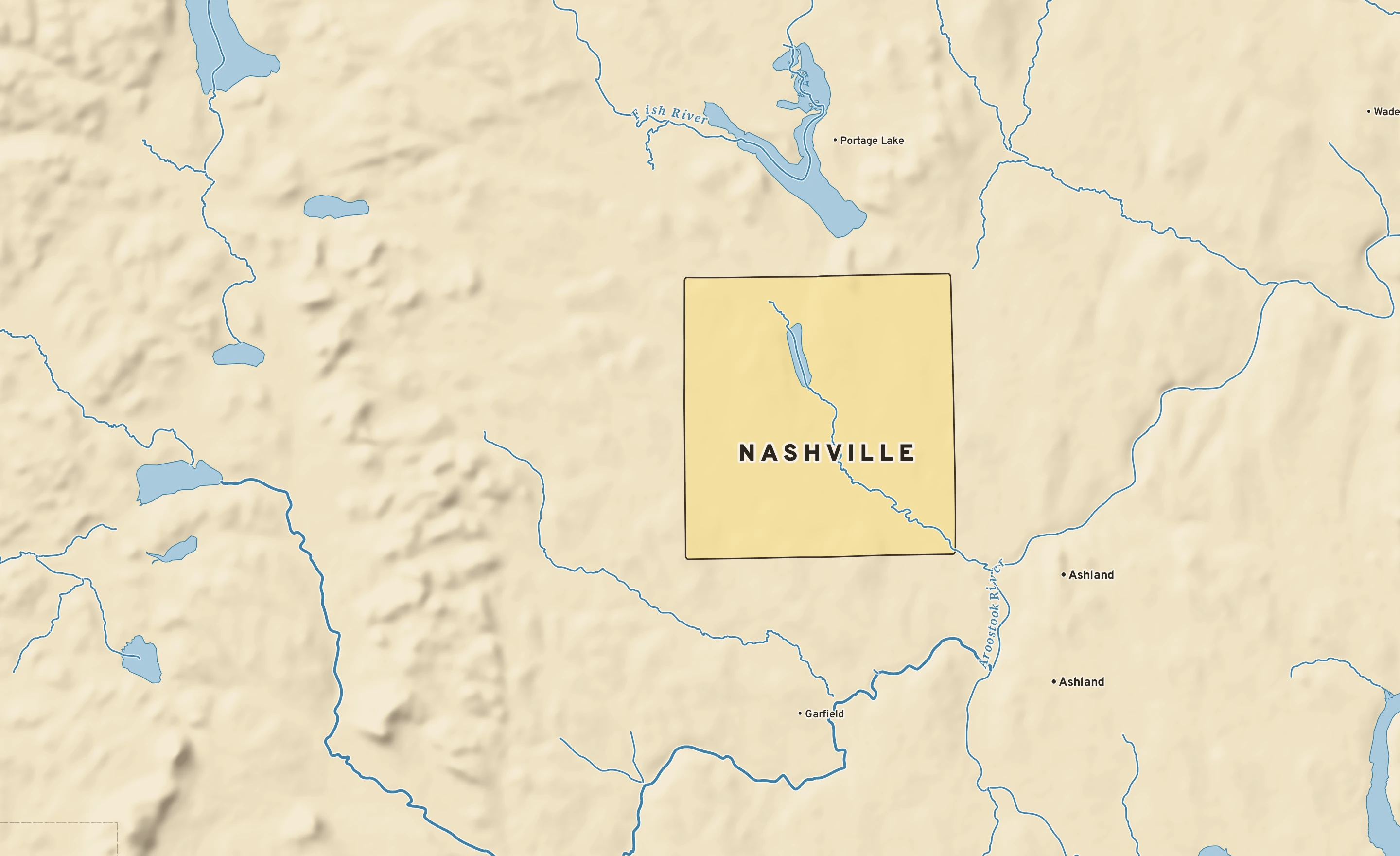 Shaded-relief atlas plate of Nashville, Maine: rivers, roads, the city limits and where the water drains.