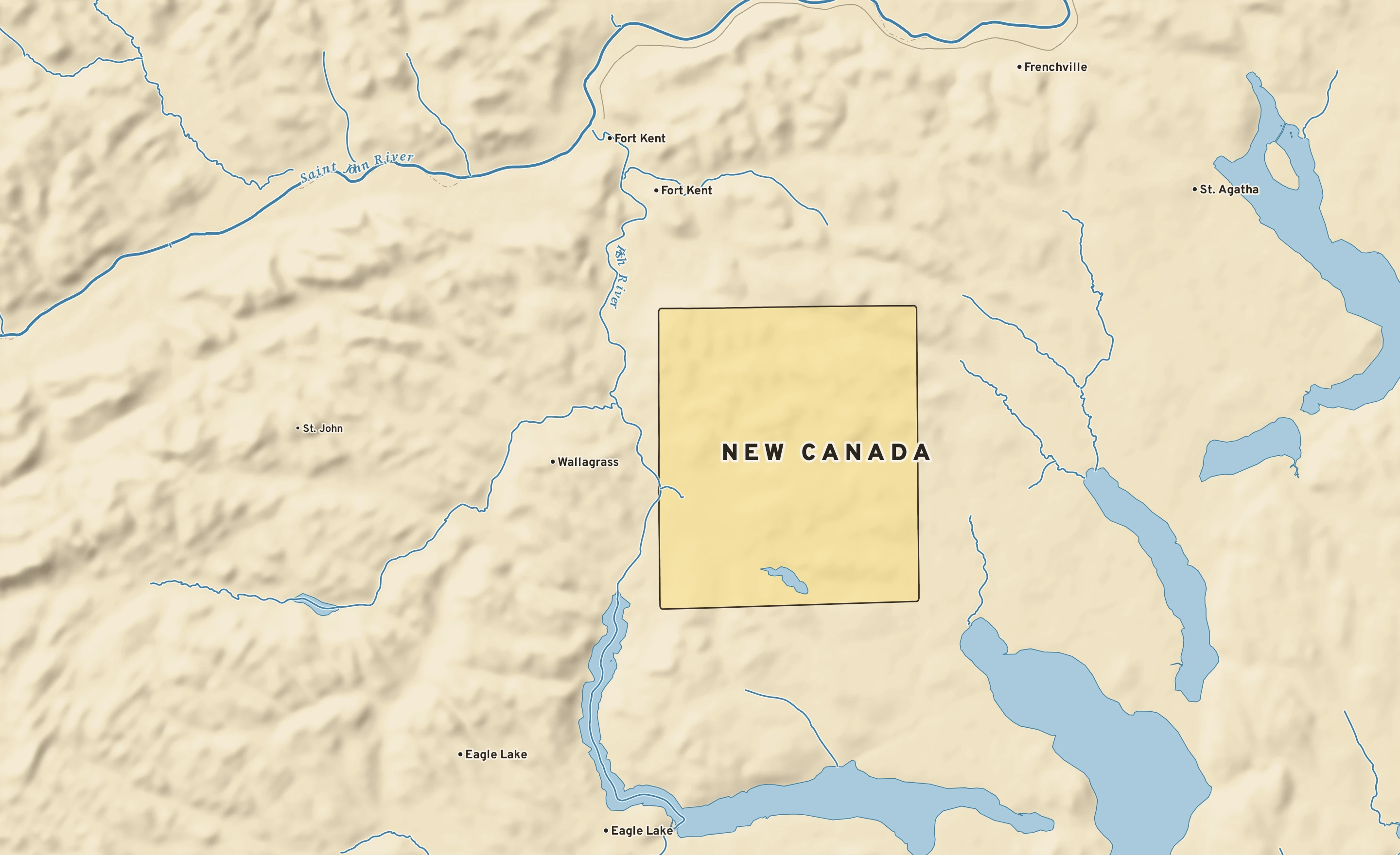 Shaded-relief atlas plate of New Canada, Maine: rivers, roads, the city limits and where the water drains.
