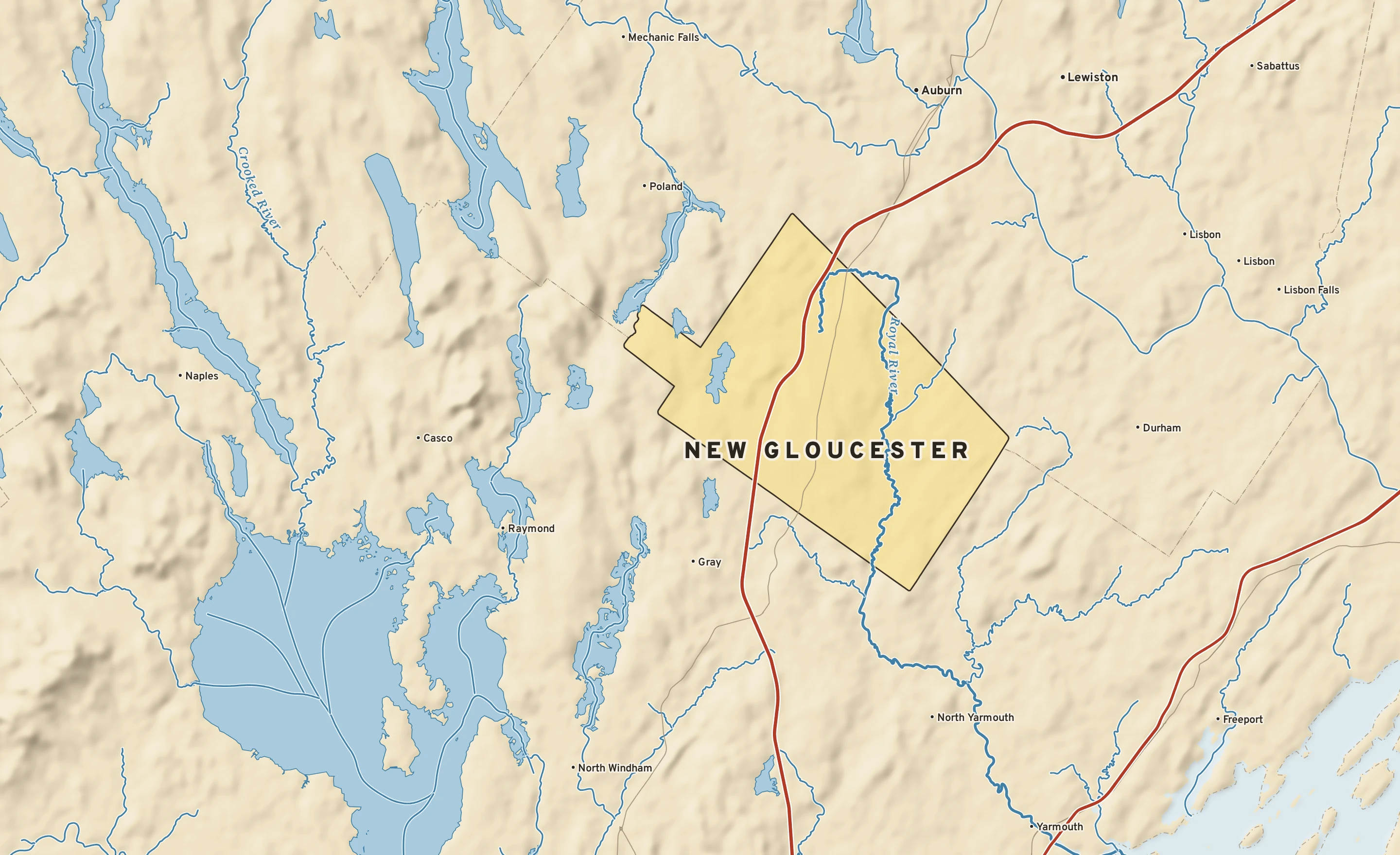 Shaded-relief atlas plate of New Gloucester, Maine: rivers, roads, the city limits and where the water drains.