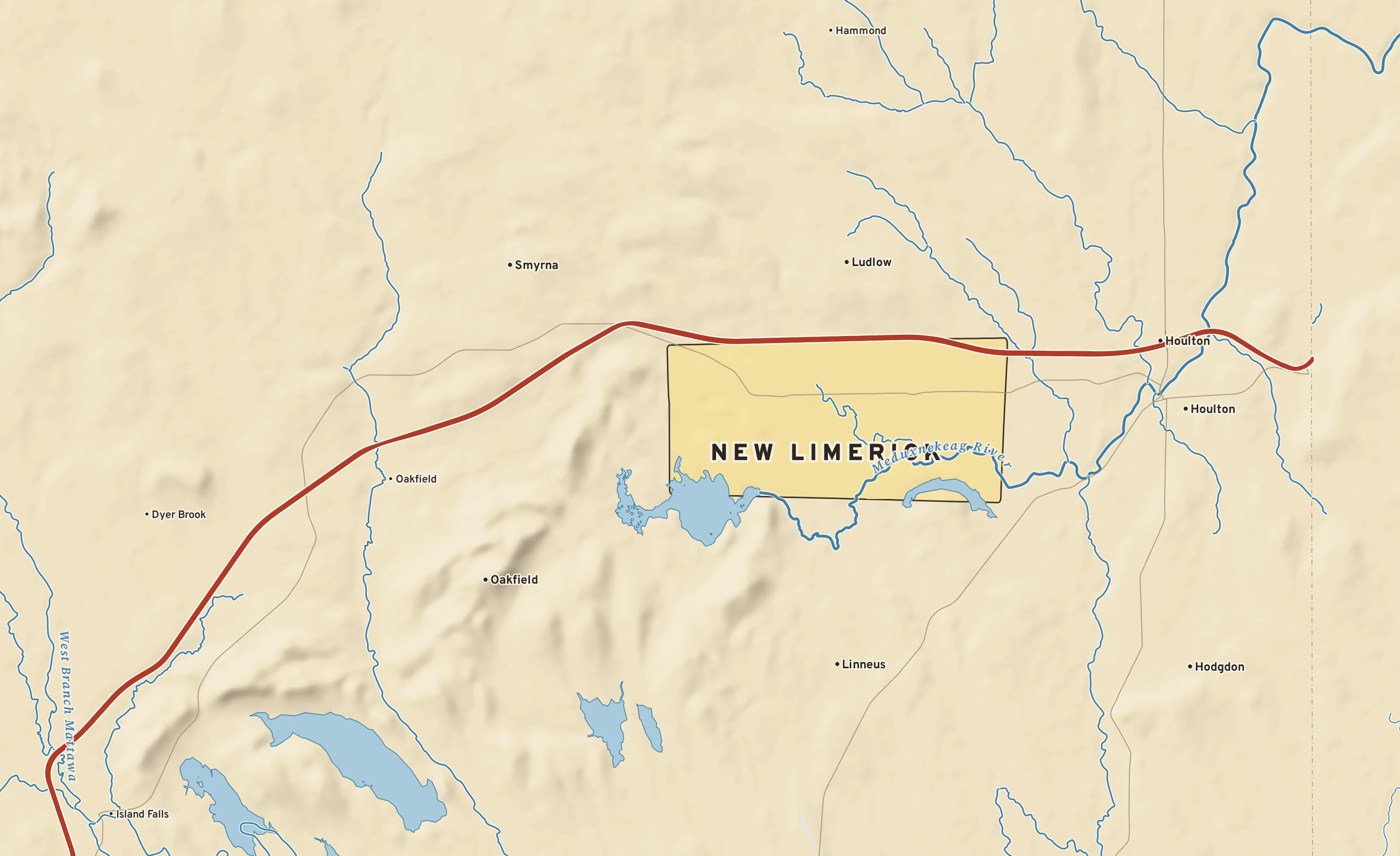 Shaded-relief atlas plate of New Limerick, Maine: rivers, roads, the city limits and where the water drains.