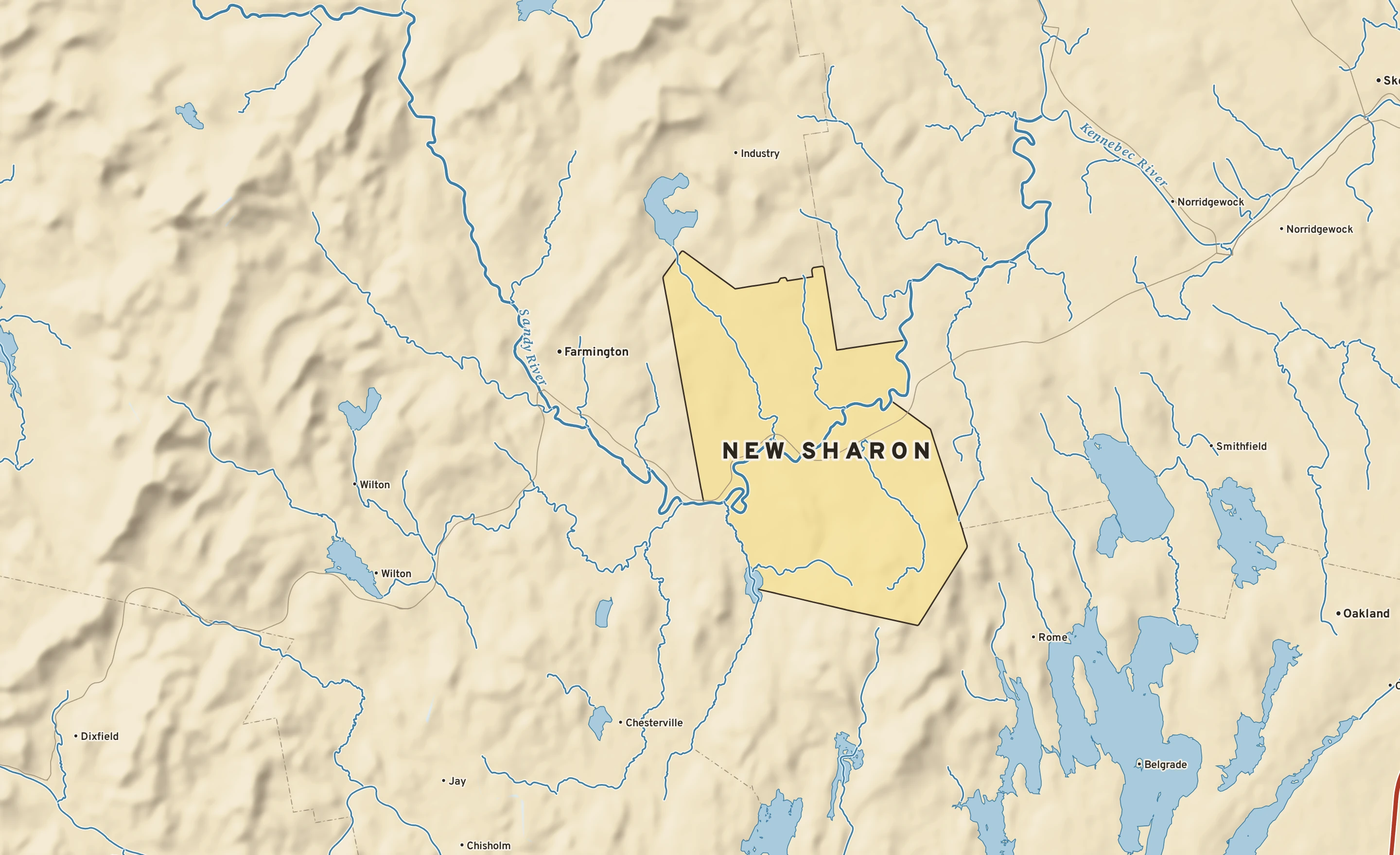 Shaded-relief atlas plate of New Sharon, Maine: rivers, roads, the city limits and where the water drains.