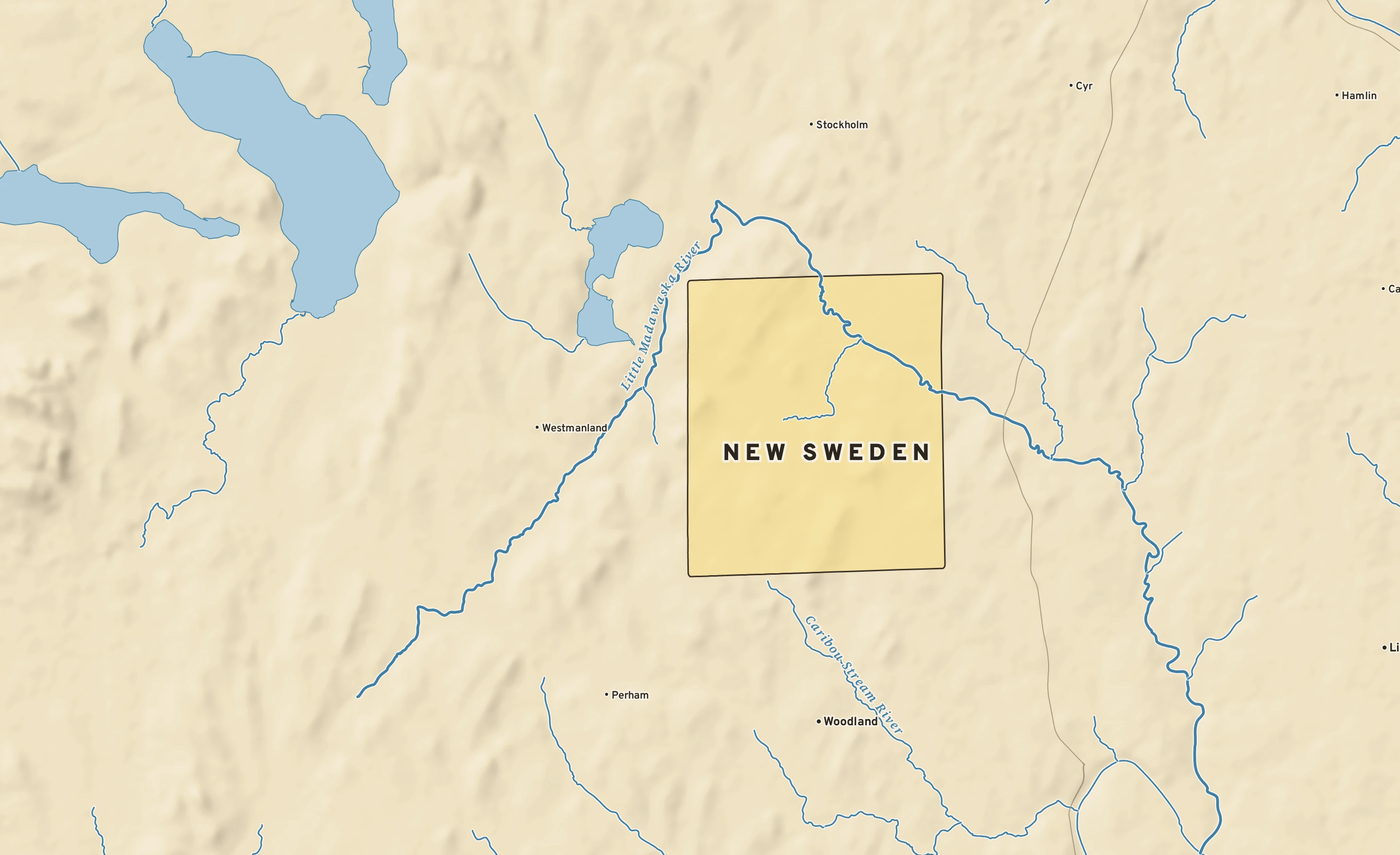 Shaded-relief atlas plate of New Sweden, Maine: rivers, roads, the city limits and where the water drains.