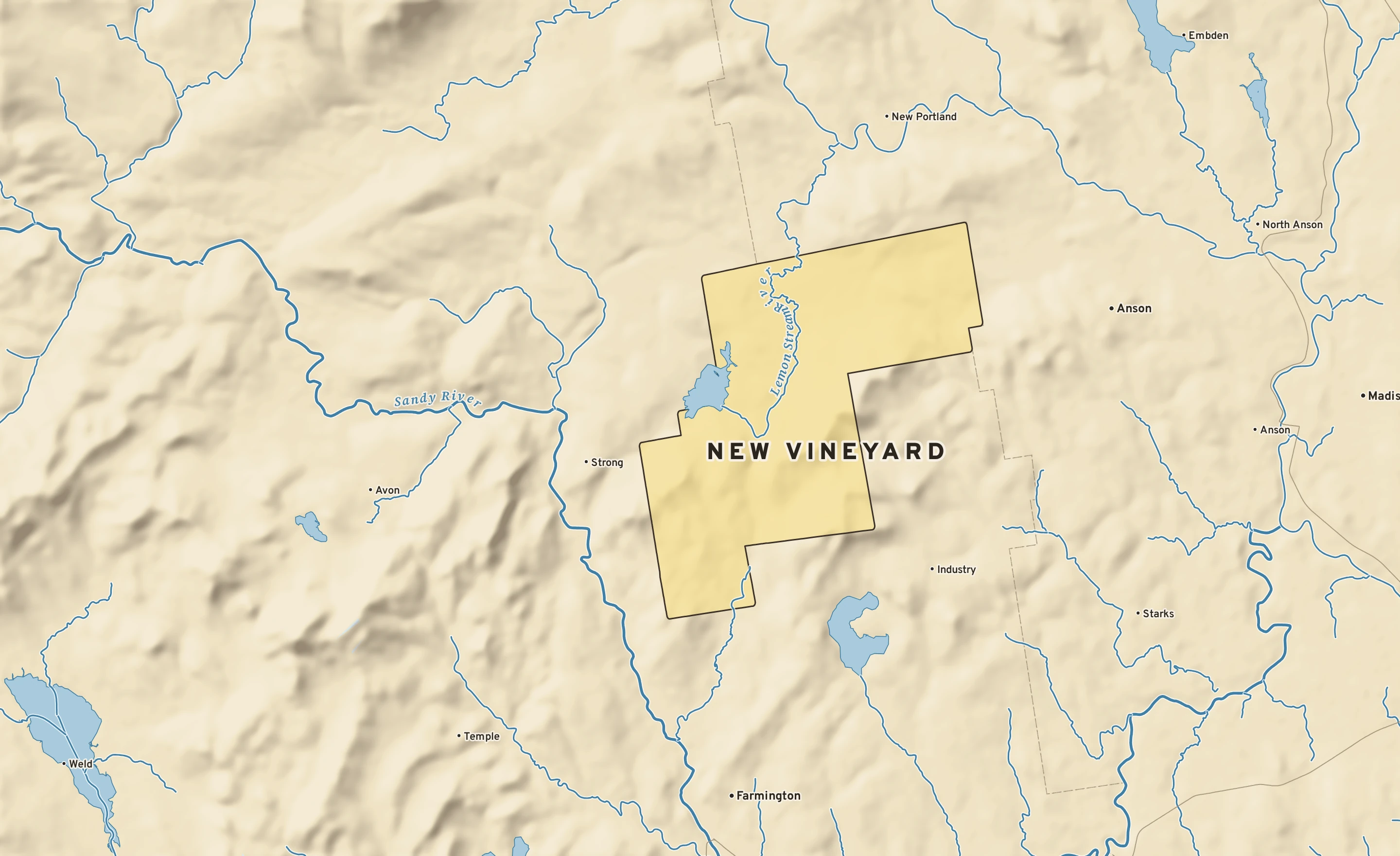 Shaded-relief atlas plate of New Vineyard, Maine: rivers, roads, the city limits and where the water drains.