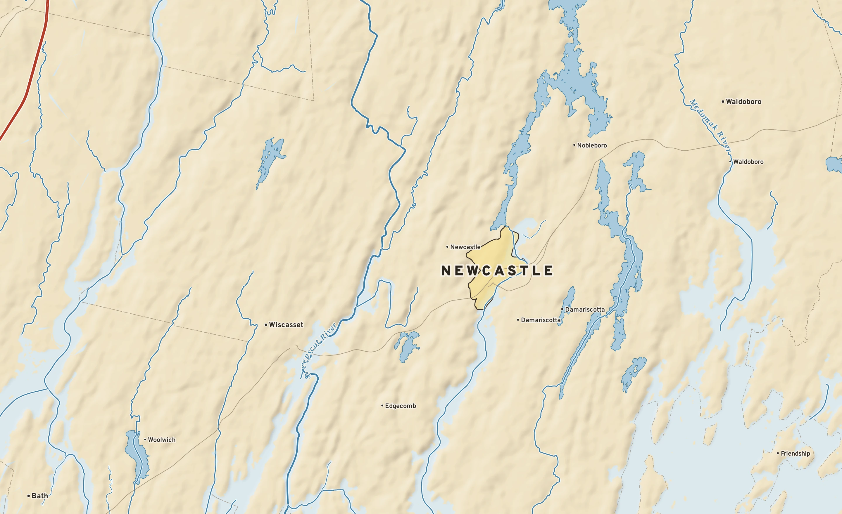 Shaded-relief atlas plate of Newcastle, Maine: rivers, roads, the city limits and where the water drains.