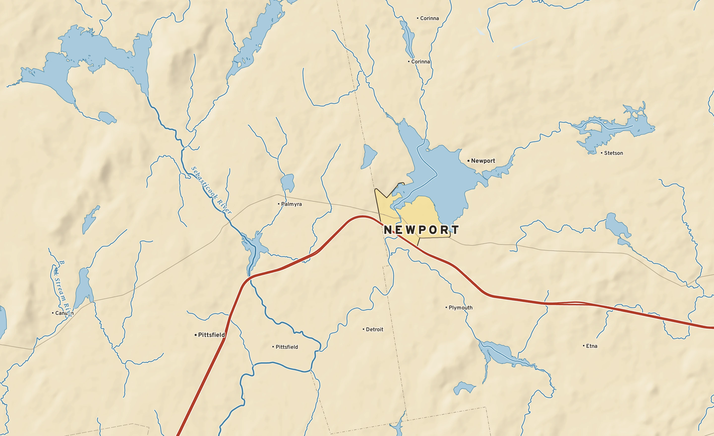 Shaded-relief atlas plate of Newport, Maine: rivers, roads, the city limits and where the water drains.